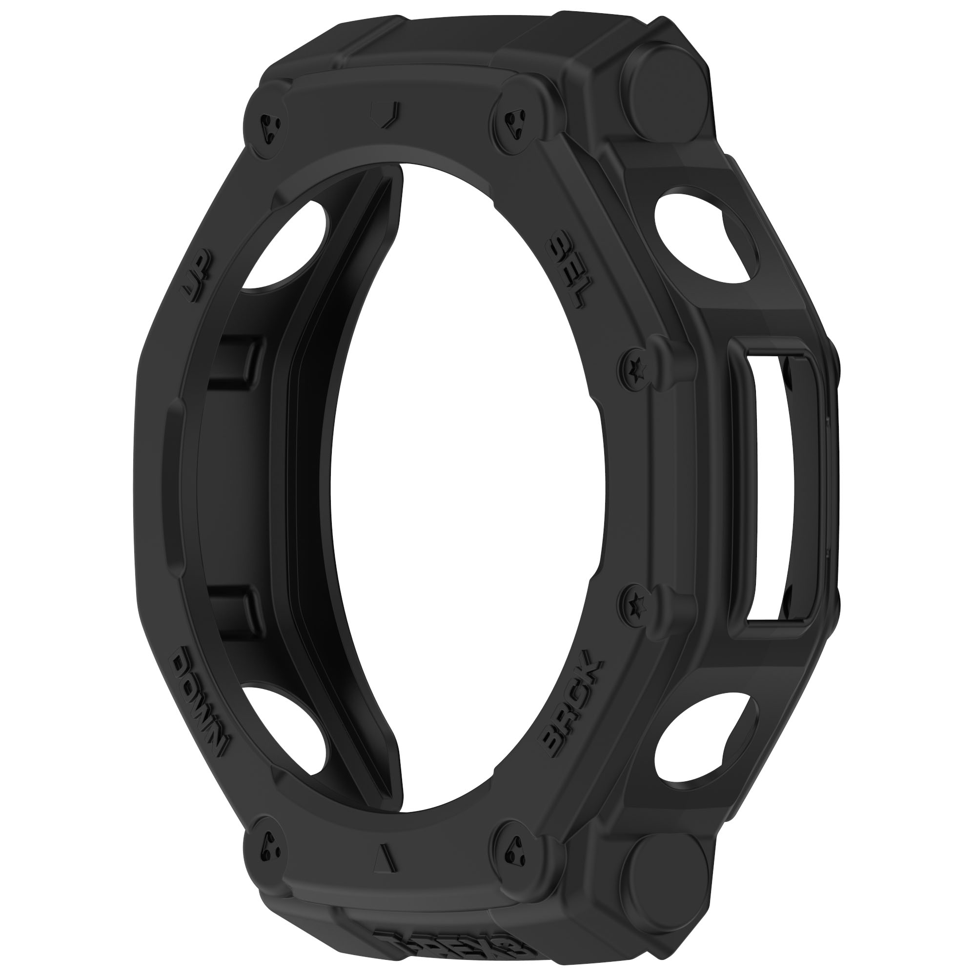 Un proteggi orologio nero con ritagli. Ha le etichette 'UP', 'DOWN', 'SEL' e 'BACK'. Sono visibili viti e angoli arrotondati.