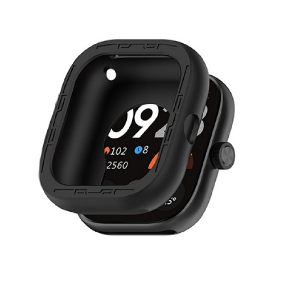 Uno smartwatch nero con custodia protettiva. Lo schermo mostra numeri e dati. La custodia ha un pulsante.