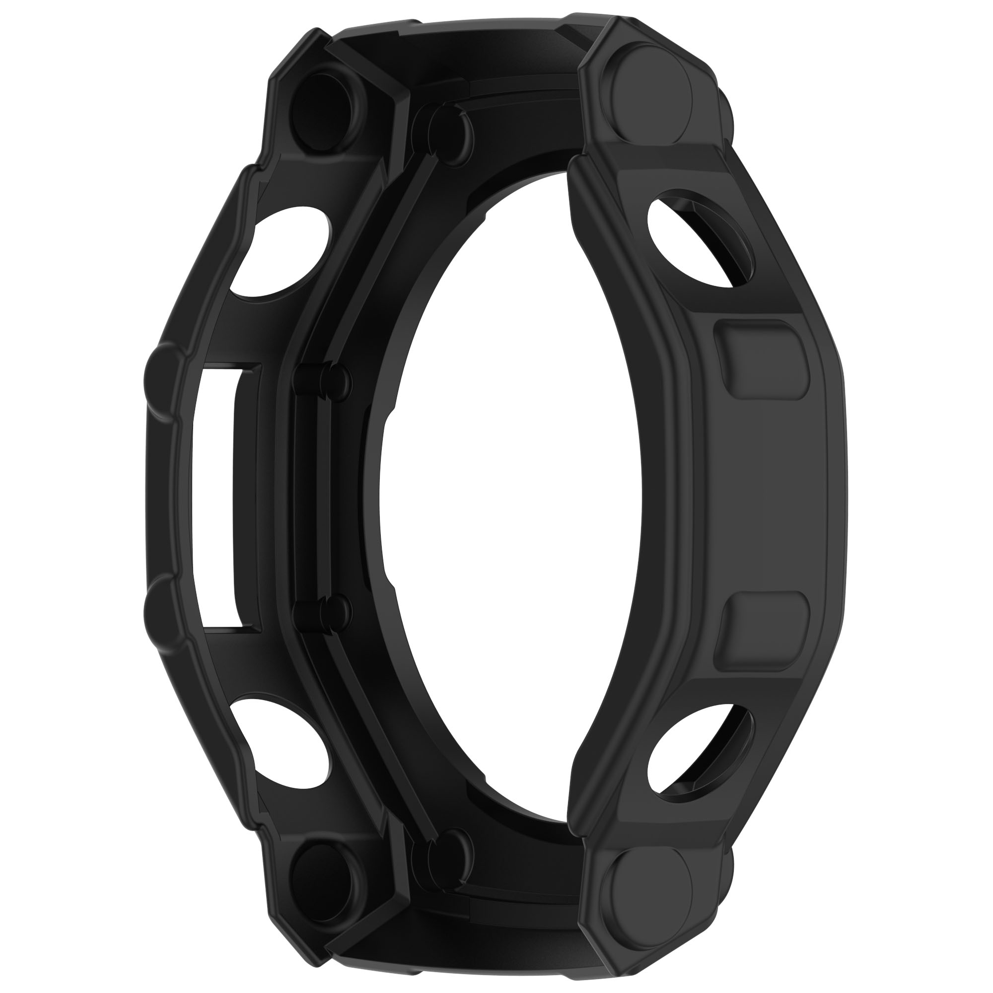 Una cassa per orologio nera con interno ovale. Ha ritagli e sezioni rialzate. Lo sfondo è bianco.