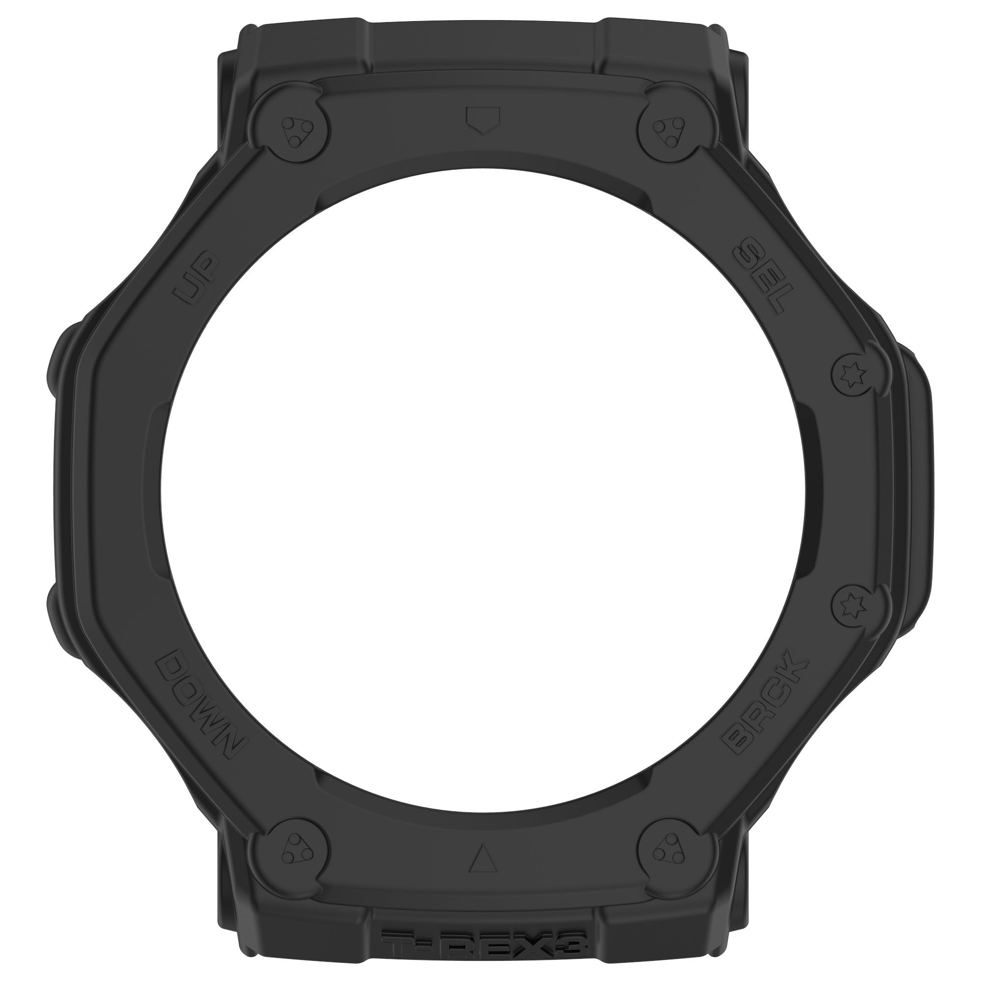 Cornice nera dell'orologio con etichette 'UP', 'DOWN', 'SEL' e 'BACK'. Il centro è un cerchio bianco. Il marchio è 'T-REX3'.