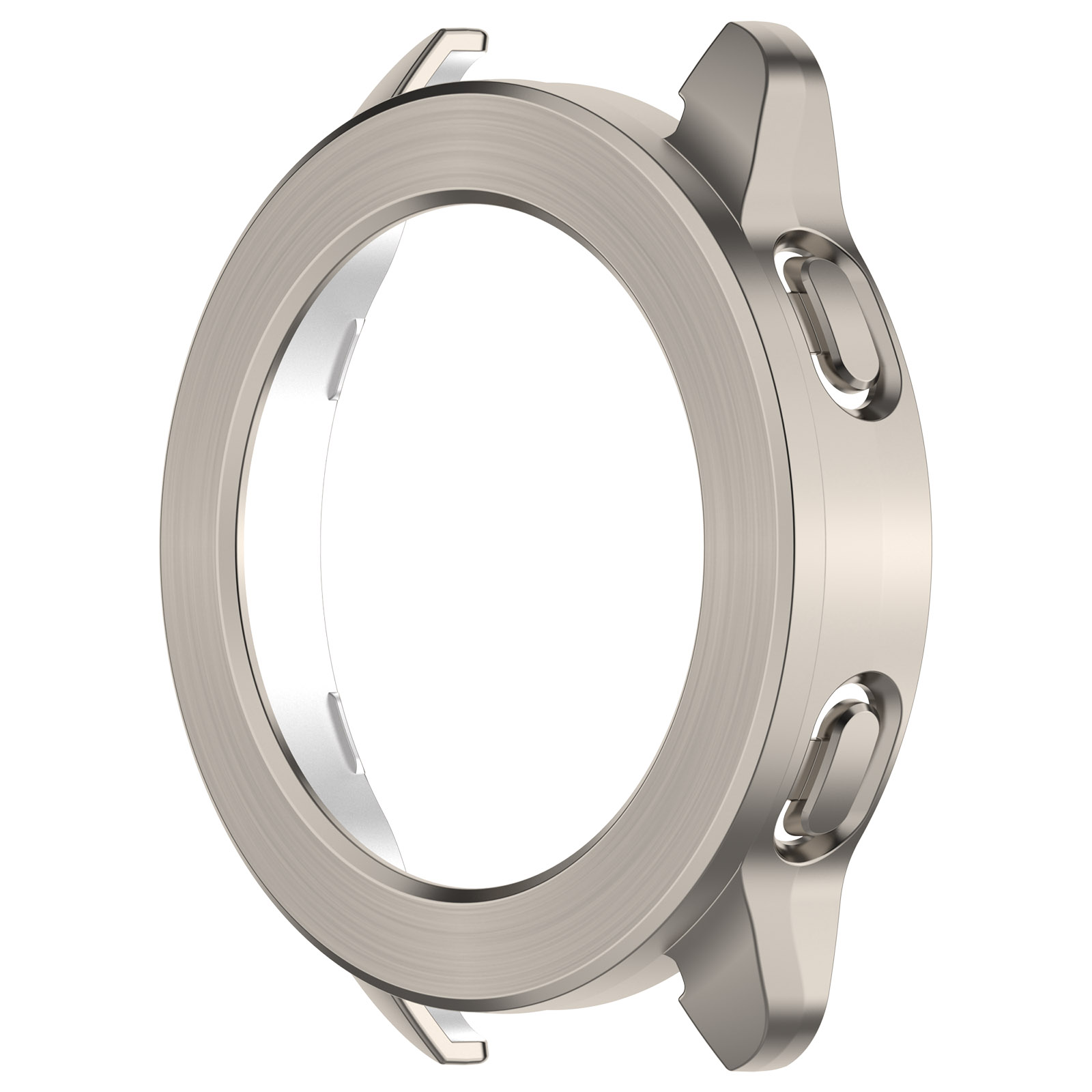 Una lunetta metallica per orologio con apertura circolare. Ha una finitura in metallo spazzolato e alcuni pulsanti laterali. Lo sfondo è bianco.