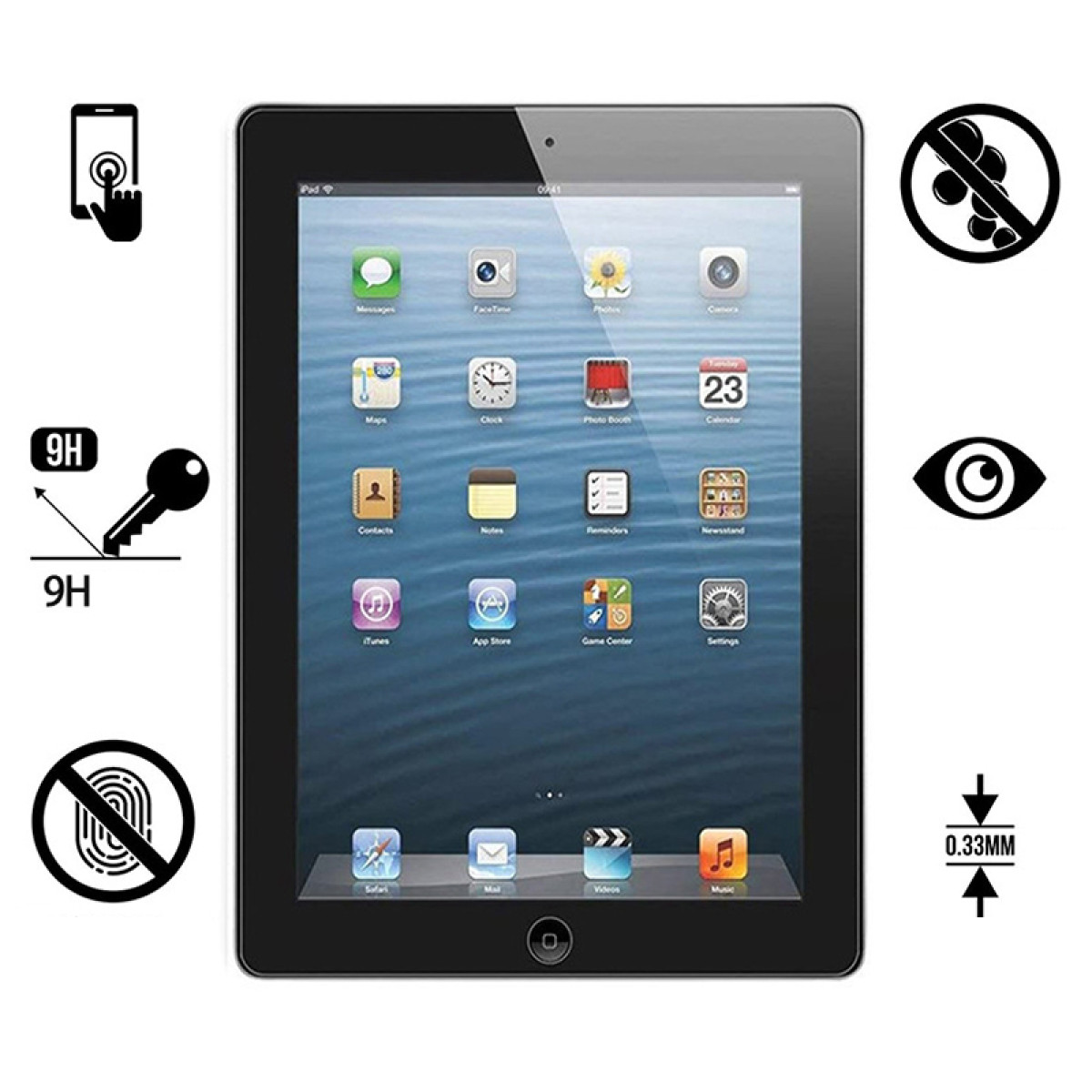 Un iPad affiche des applications. Des icônes indiquent des fonctionnalités comme FaceTime, Calendrier et Réglages. Symboles montrent protection d'écran, toucher et épaisseur.
