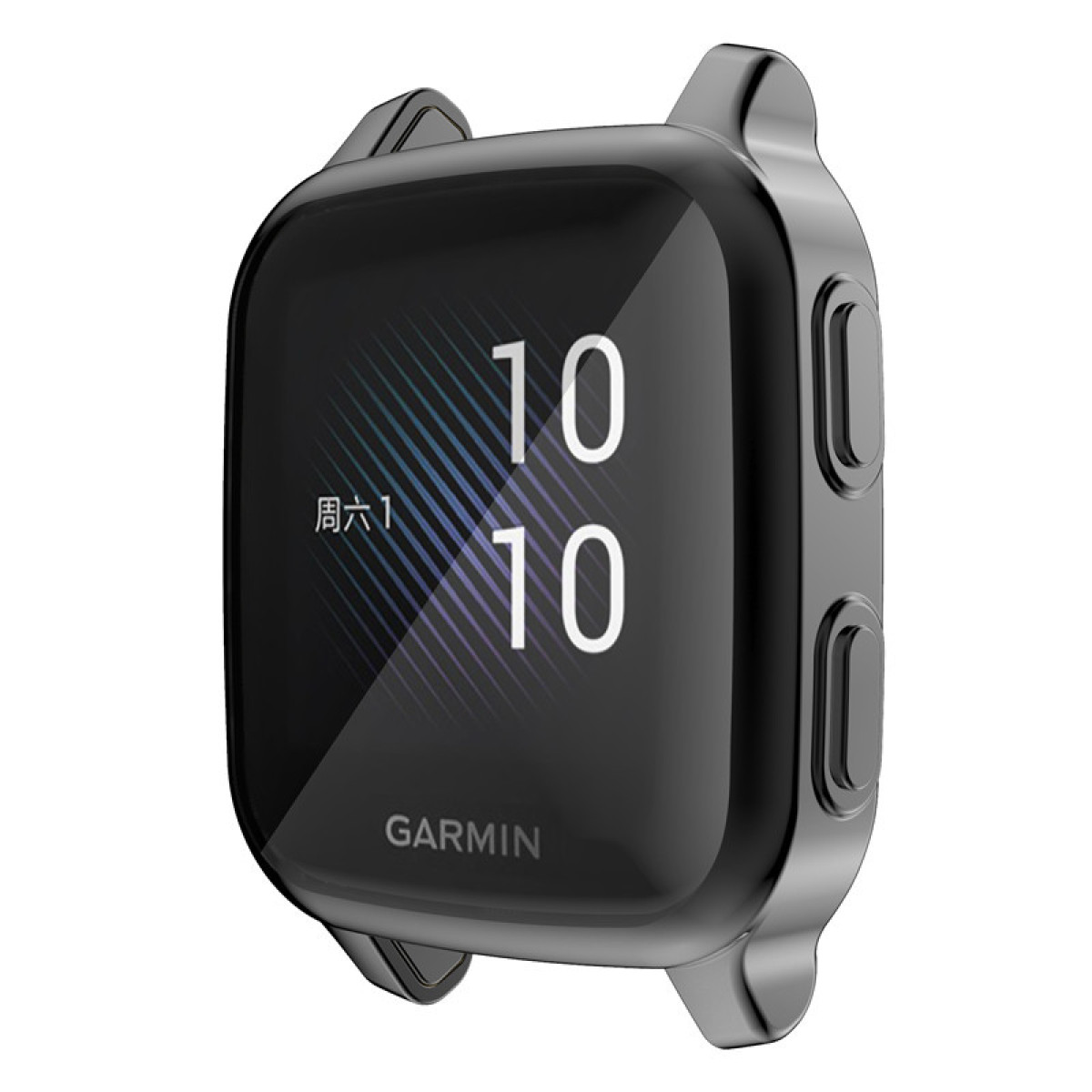 Uno smartwatch Garmin mostra '10:10' sullo schermo. L'orologio è nero con una cornice argentata e la parola 'GARMIN' è visibile.