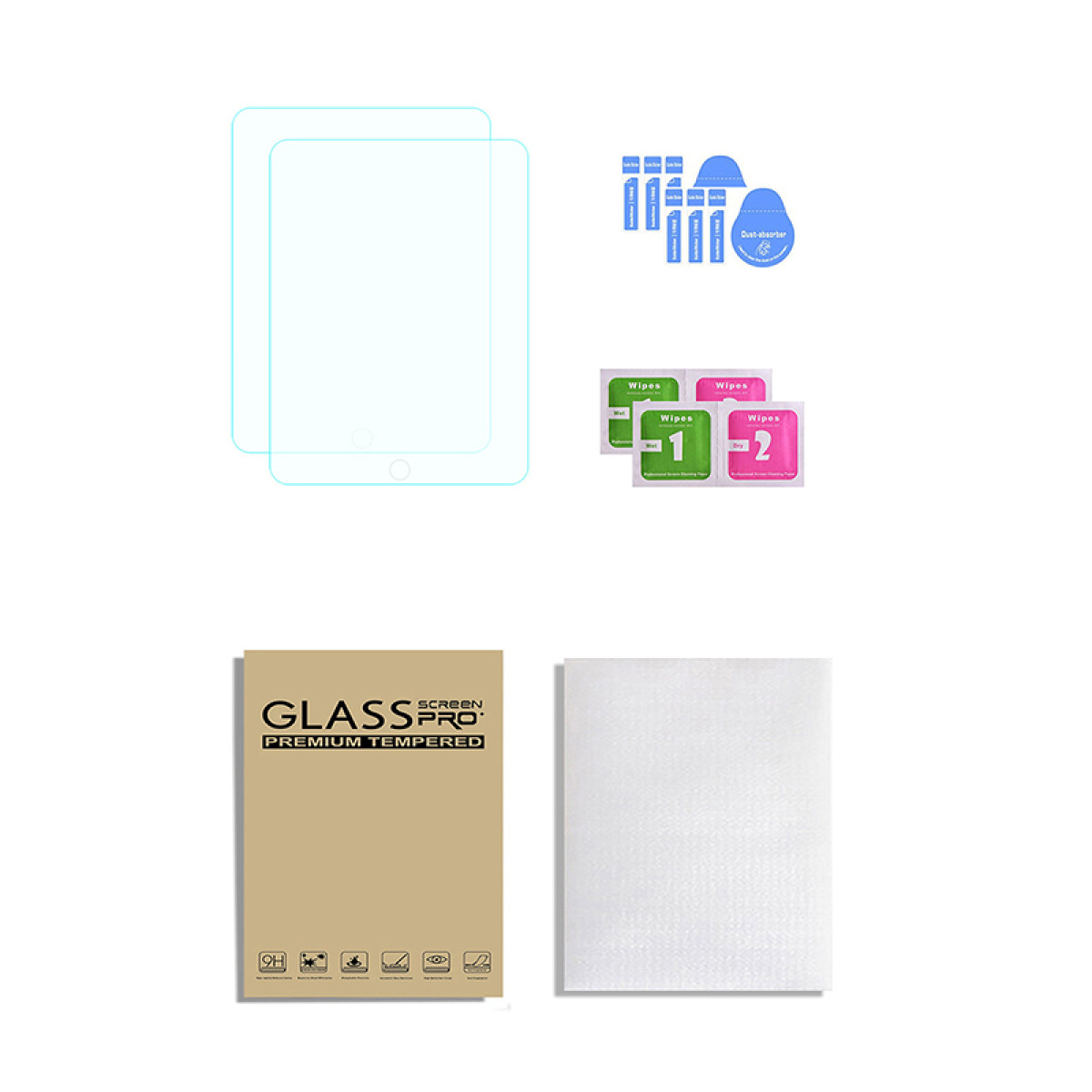 Kit de protection d'écran : deux protecteurs d'écran, lingettes, absorbeur de poussière, kit de nettoyage et boîte en verre trempé.