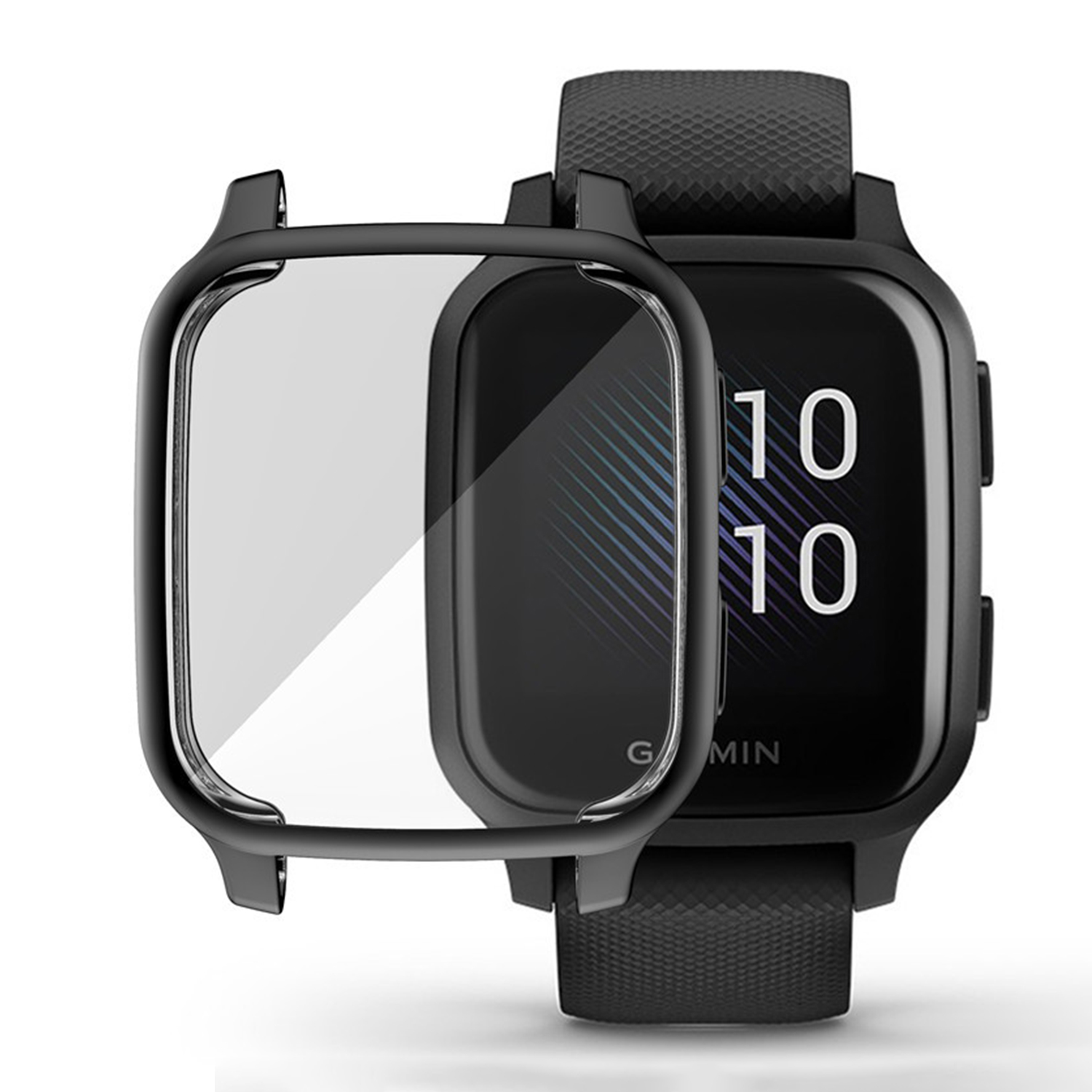 Uno smartwatch nero con una custodia protettiva. Il quadrante mostra '10 10'. Sono visibili un cinturino nero e una protezione schermo trasparente.