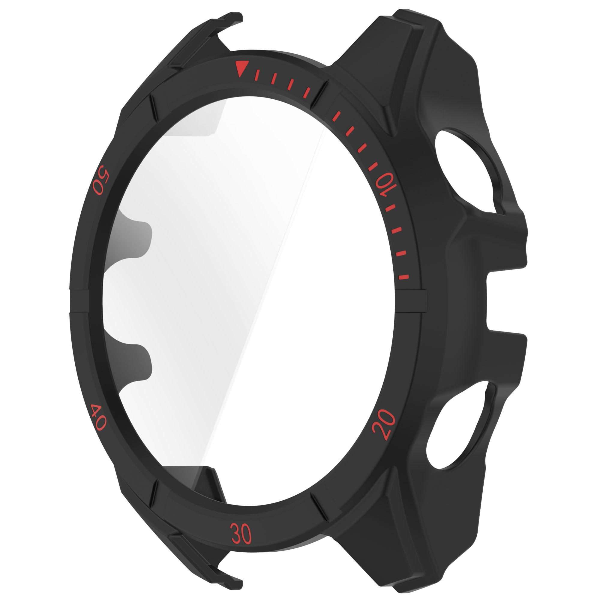 Cornice dell'orologio nera con segni e numeri rossi. Il centro è trasparente, la cornice circonda un vetro trasparente.