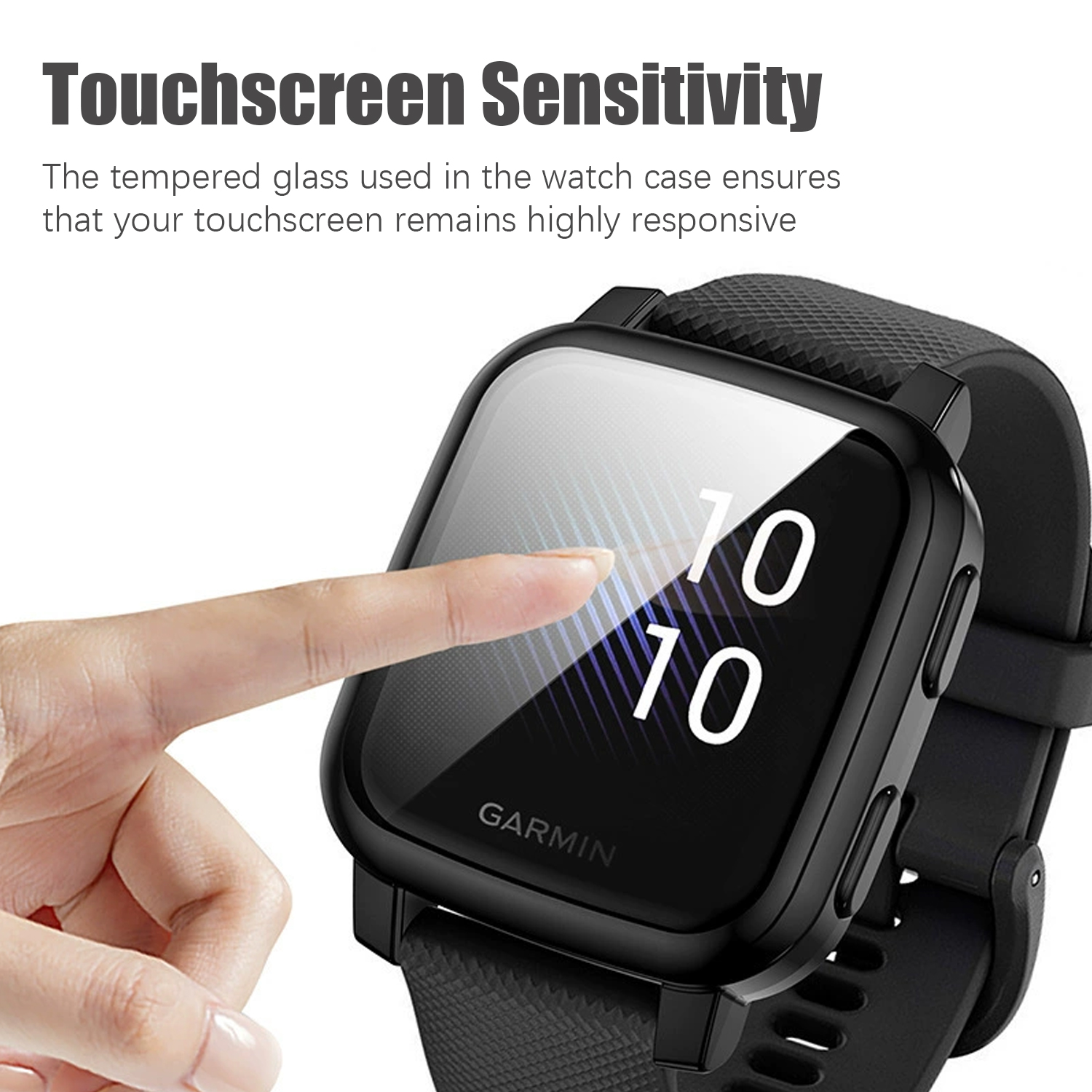 Uno smartwatch Garmin nero con un dito che tocca lo schermo. Lo schermo mostra "10 10". L'orologio ha un cinturino nero.