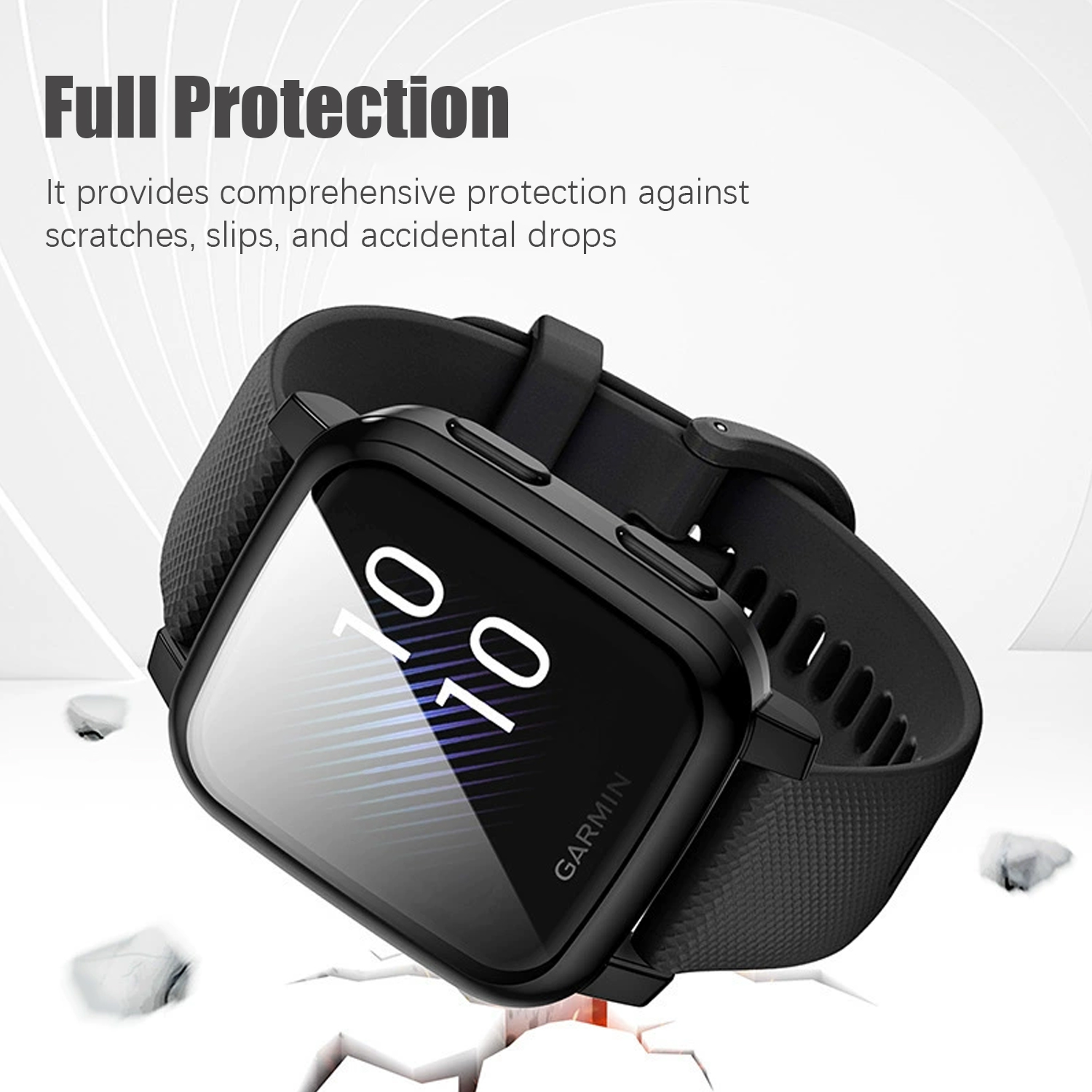 Smartwatch Garmin nero con custodia protettiva. Il display mostra 10:10. Su sfondo bianco con crepe in basso.