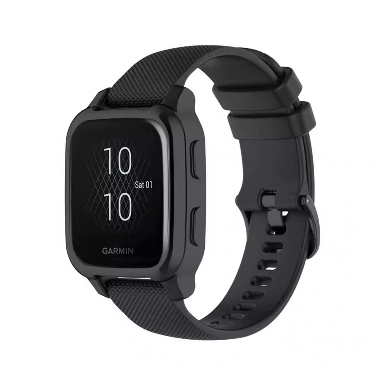Uno smartwatch Garmin nero. Visualizza l'ora 10:10 e sabato 01. Il cinturino e la cassa sono neri.
