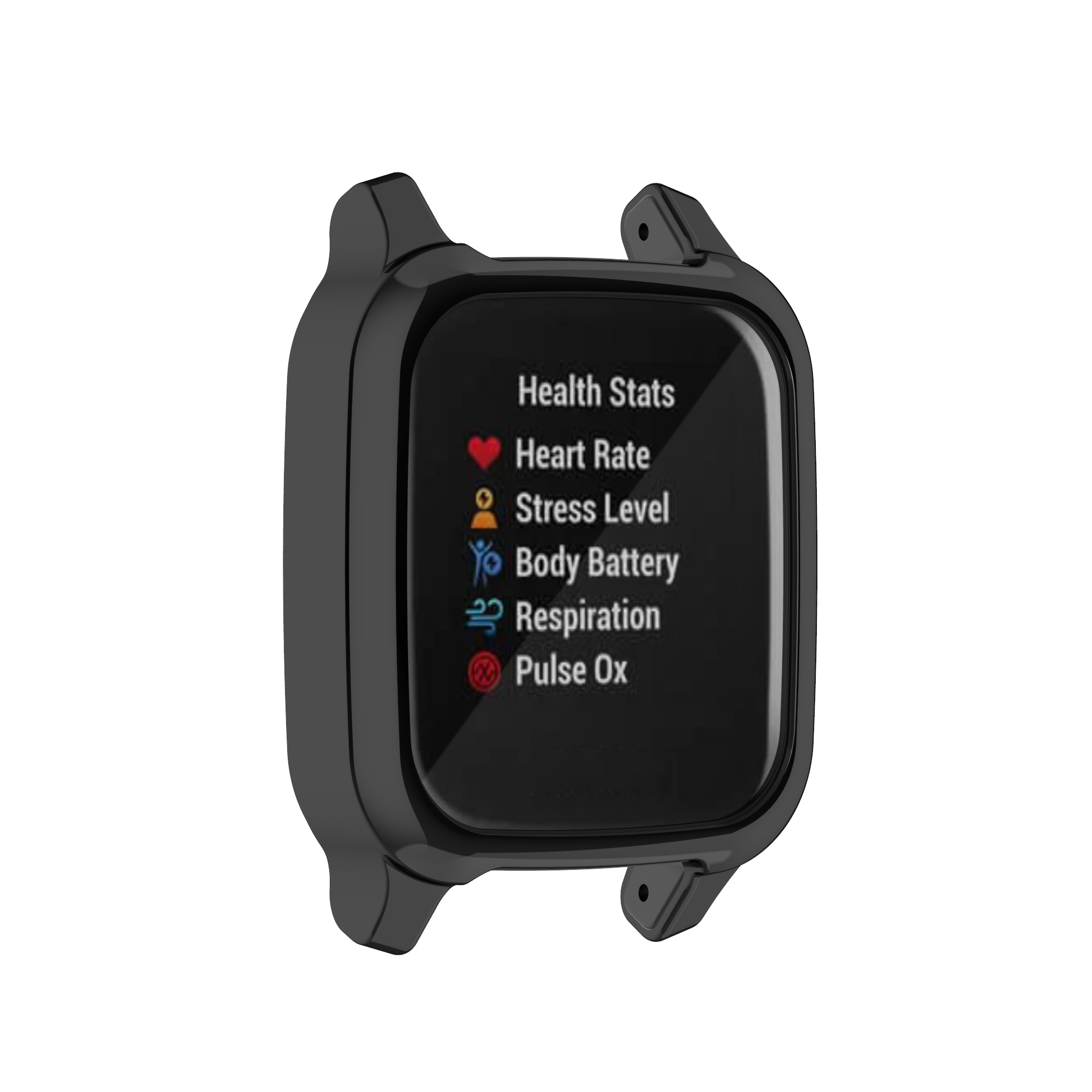 Schwarze Smartwatch zeigt Gesundheitsdaten an: Herzfrequenz, Stress, Körperbatterie, Atmung und Pulsoximetrie. Schwarzes Gehäuse auf weißem Hintergrund.