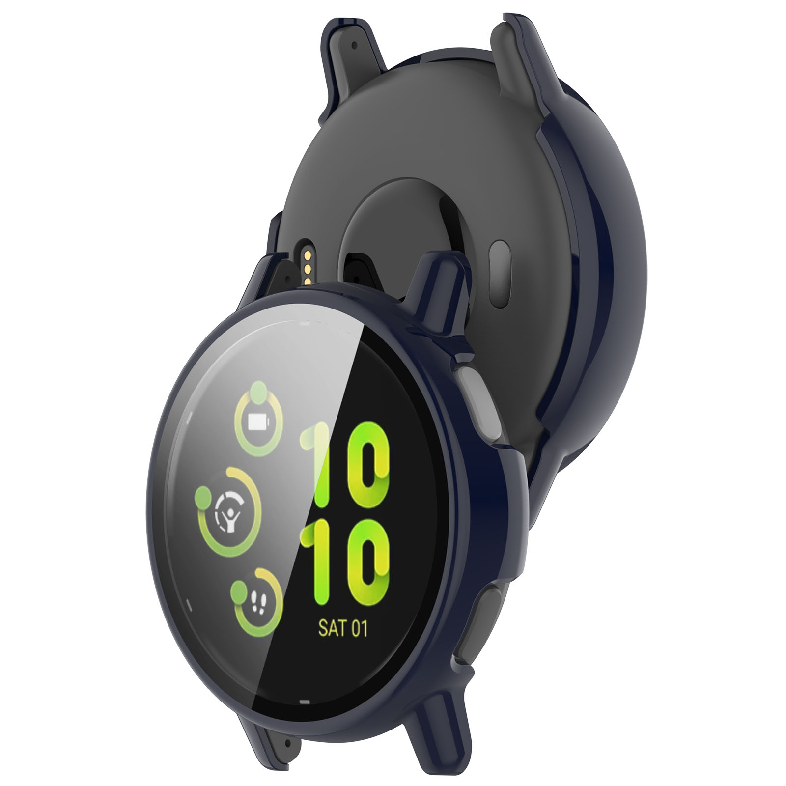 Due smartwatch in custodie blu navy. L'orologio anteriore mostra ora e icone, quello posteriore la porta di ricarica.