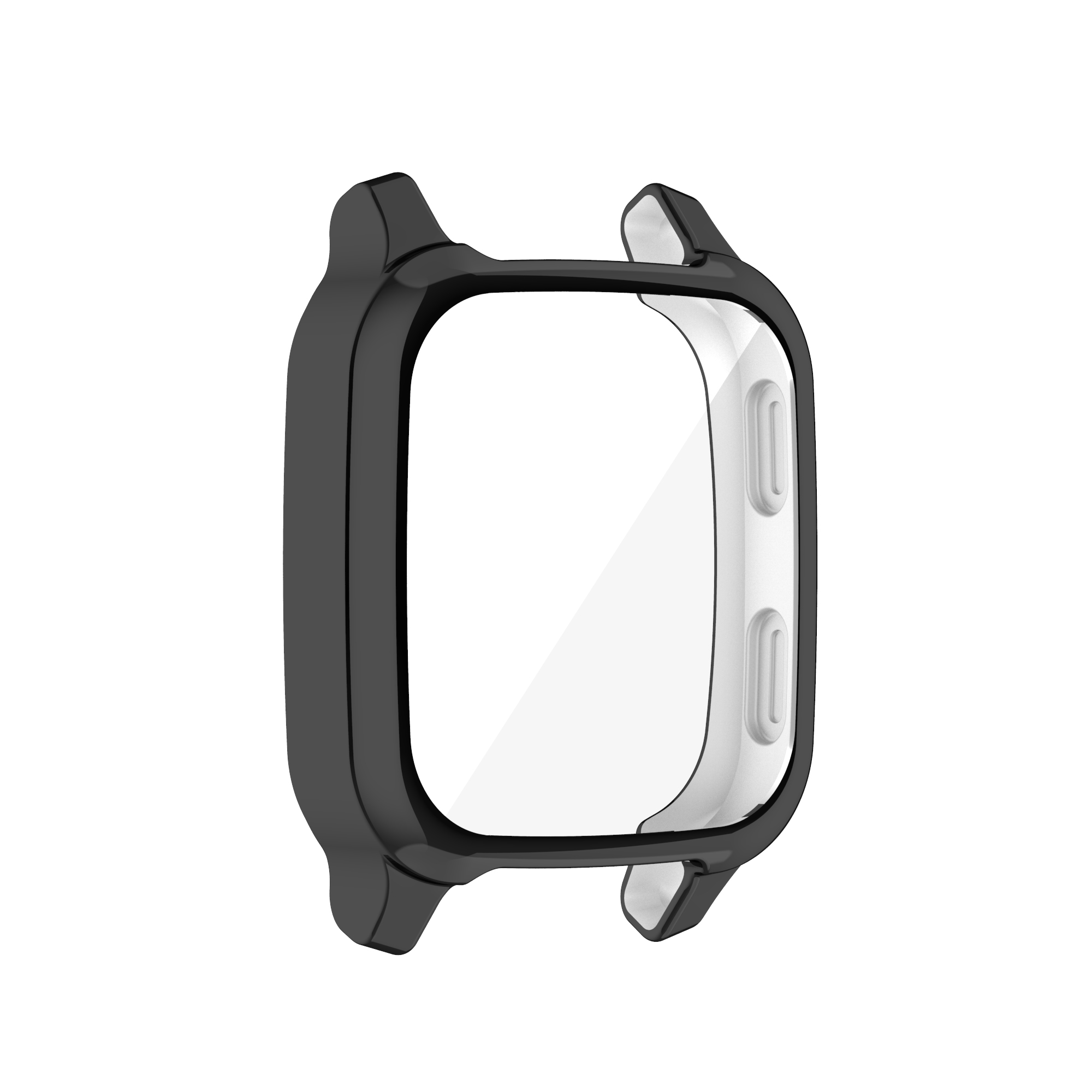 Eine schwarze Uhrenhülle mit einem transparenten Displayschutz. Die Hülle hat eine abgerundete rechteckige Form mit Aussparungen für Tasten.