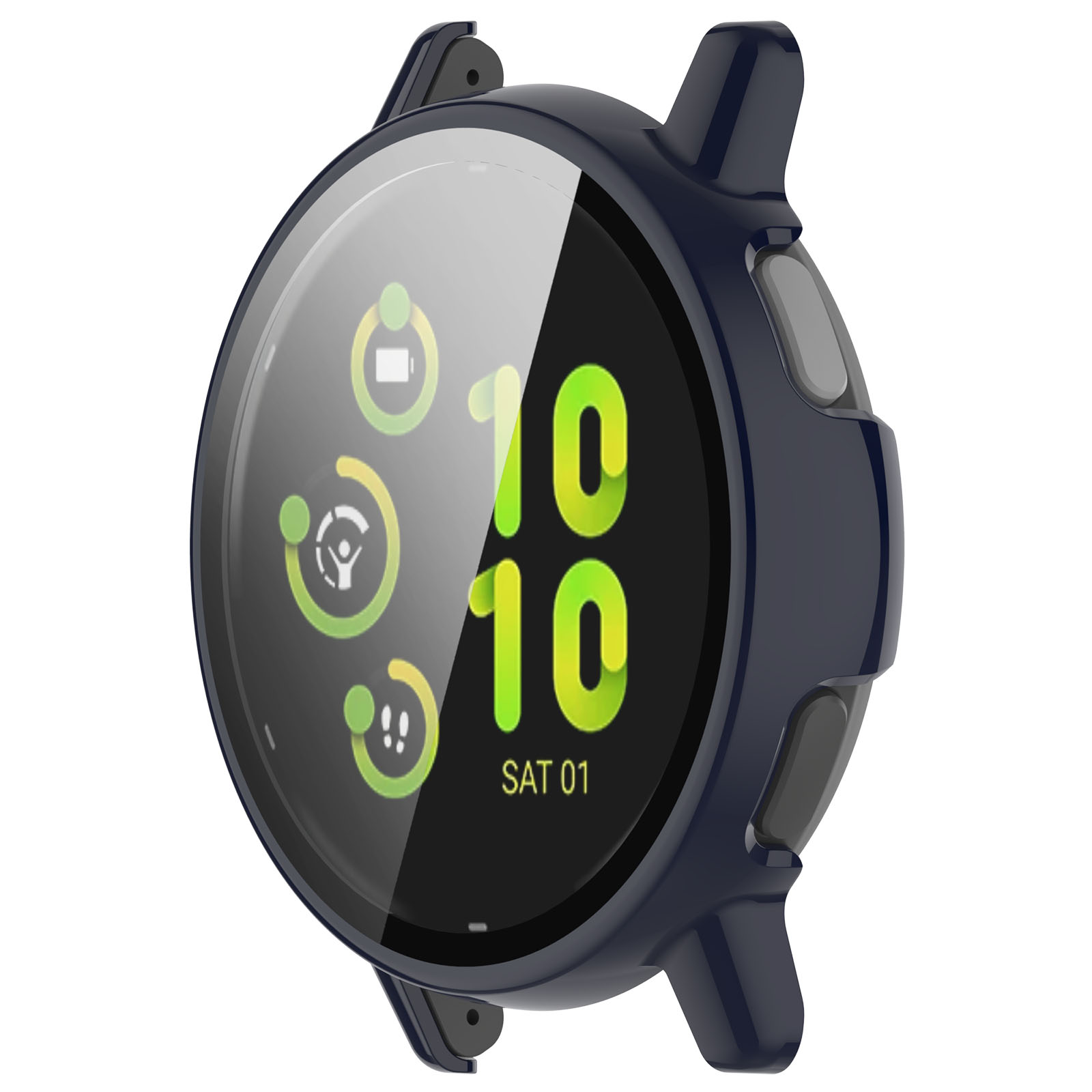 Uno smartwatch blu scuro con una custodia protettiva mostra l'ora e la data. Ha un quadrante rotondo con numeri digitali verdi.