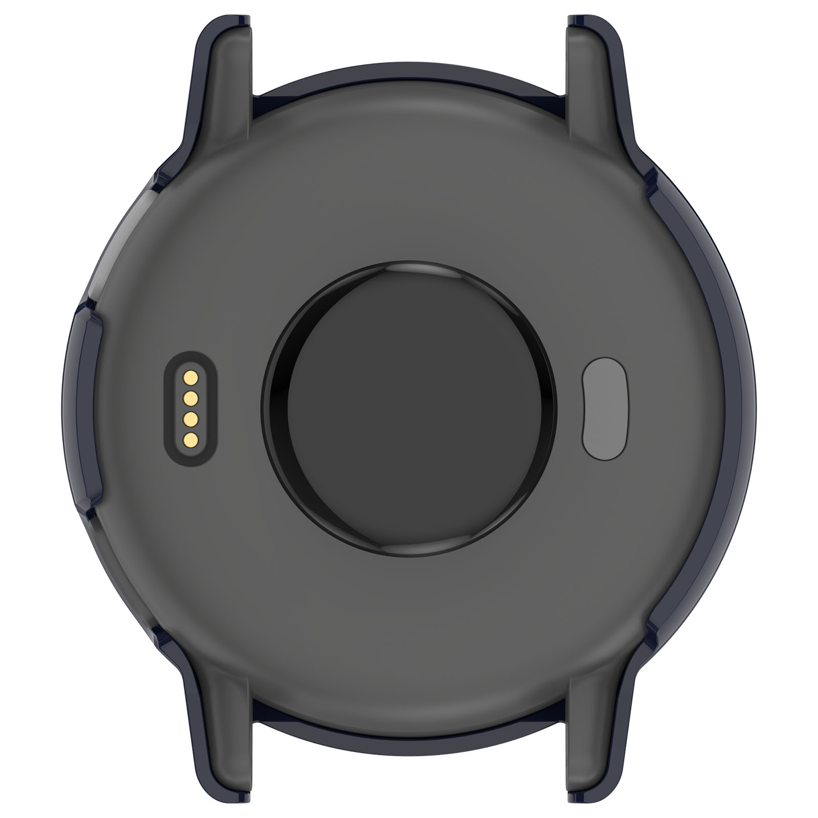 Retro di smartwatch grigio scuro con design circolare, quattro pin di ricarica dorati e dettagli blu scuro.