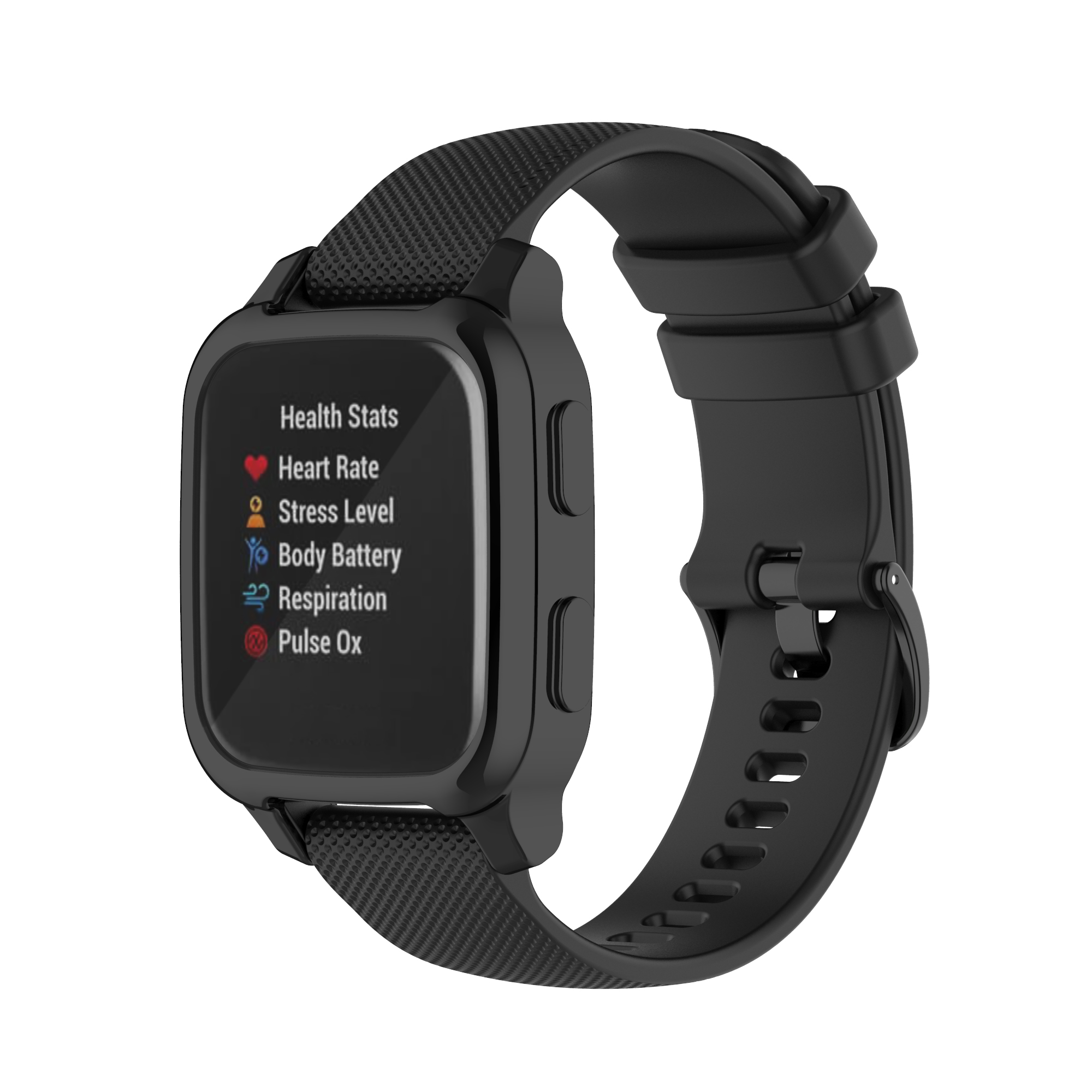 Schwarze Smartwatch mit Gesundheitsdaten auf dem Bildschirm, einschließlich Herzfrequenz. Schwarzes Armband. Weißer Hintergrund.