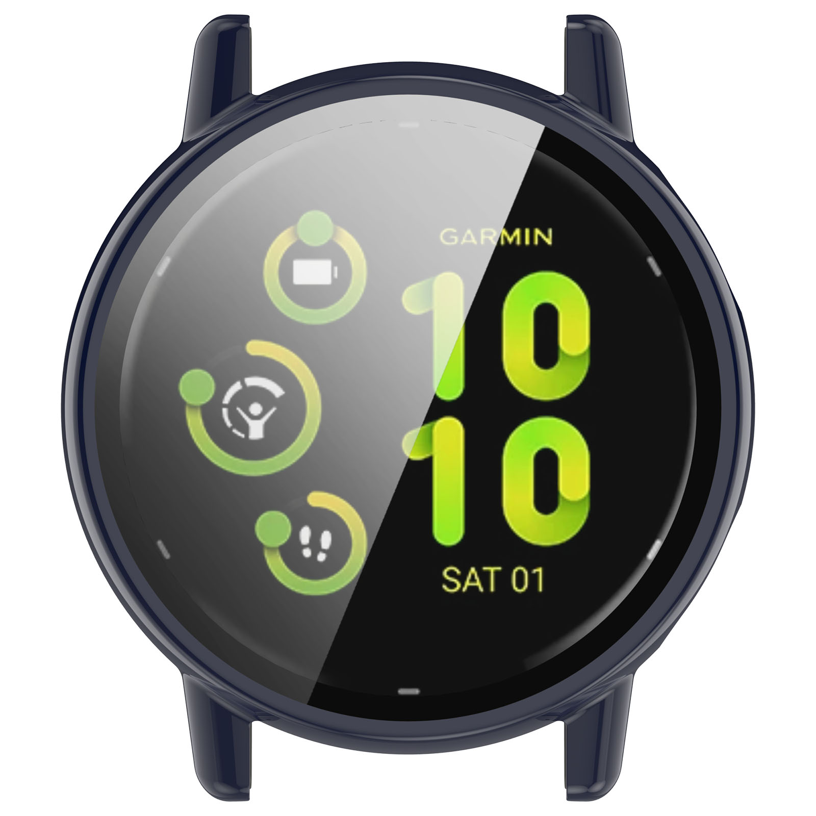 Uno smartwatch Garmin con schermo nero che mostra l'ora 10:10 e la data. L'orologio è blu scuro e ha icone.