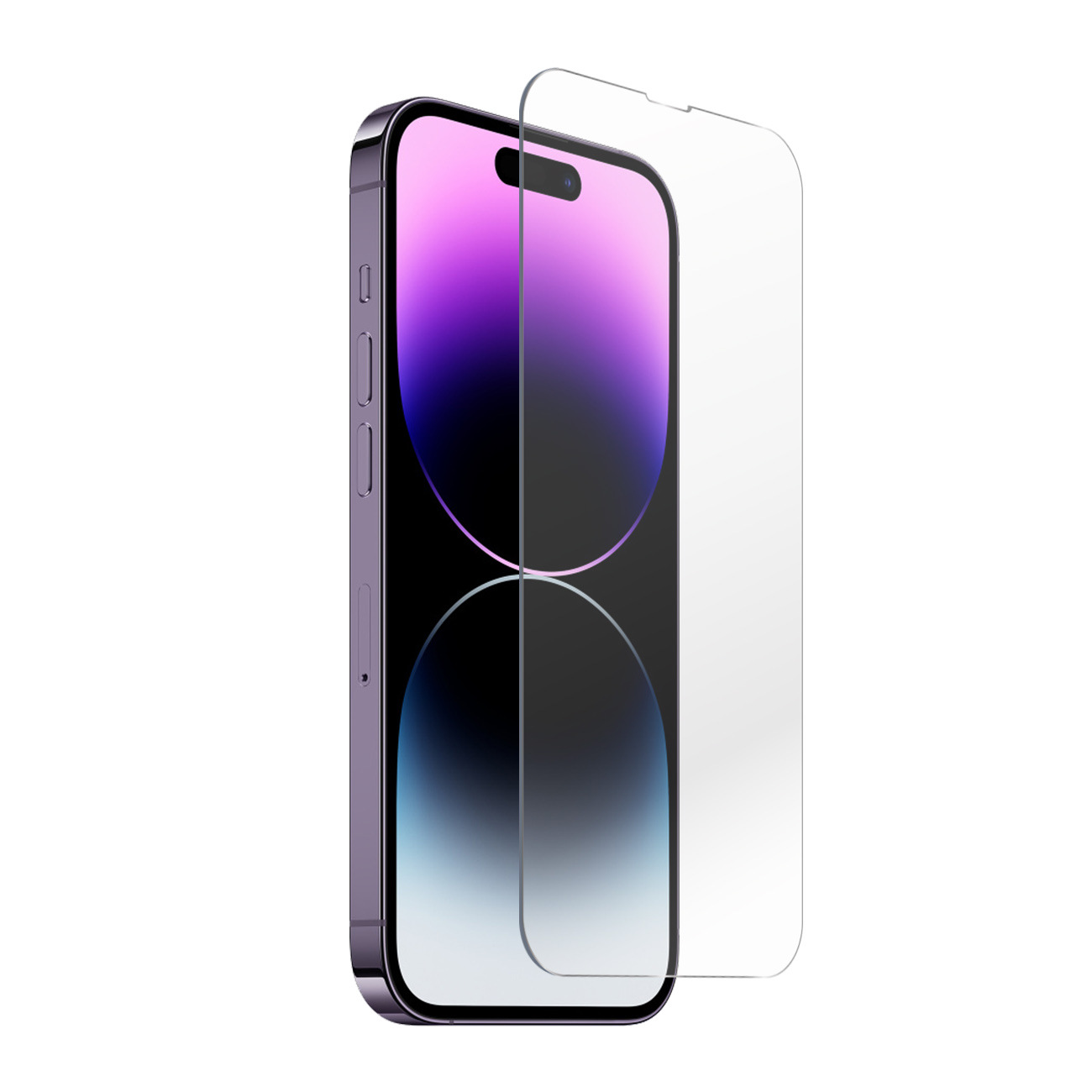 Een iPhone met een schermbeschermer. De telefoon is paars, het scherm toont een verloop van paars en zwart. Ernaast ligt een transparante beschermer.