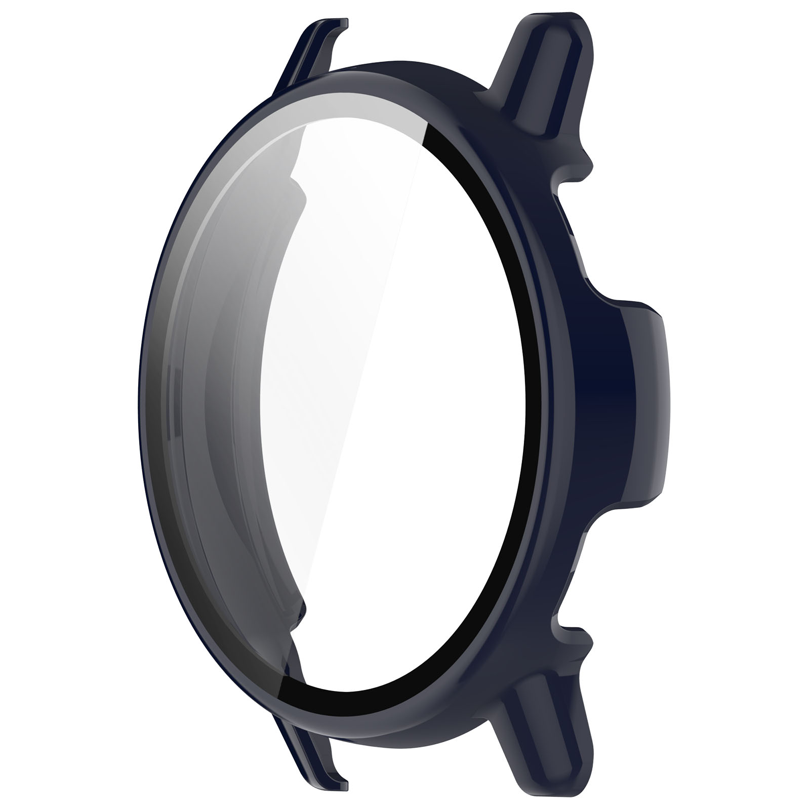 Una cassa per orologio blu navy con una protezione schermo trasparente. La cassa ha un design circolare.
