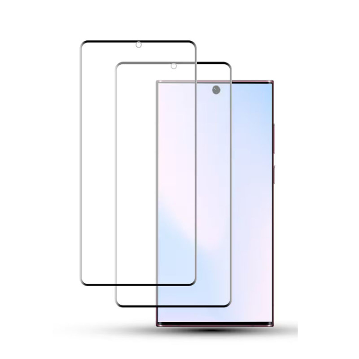 Tre schermi di telefono, uno con telefono, due protezioni schermo, tutti su una superficie bianca, con angoli arrotondati e foro fotocamera.