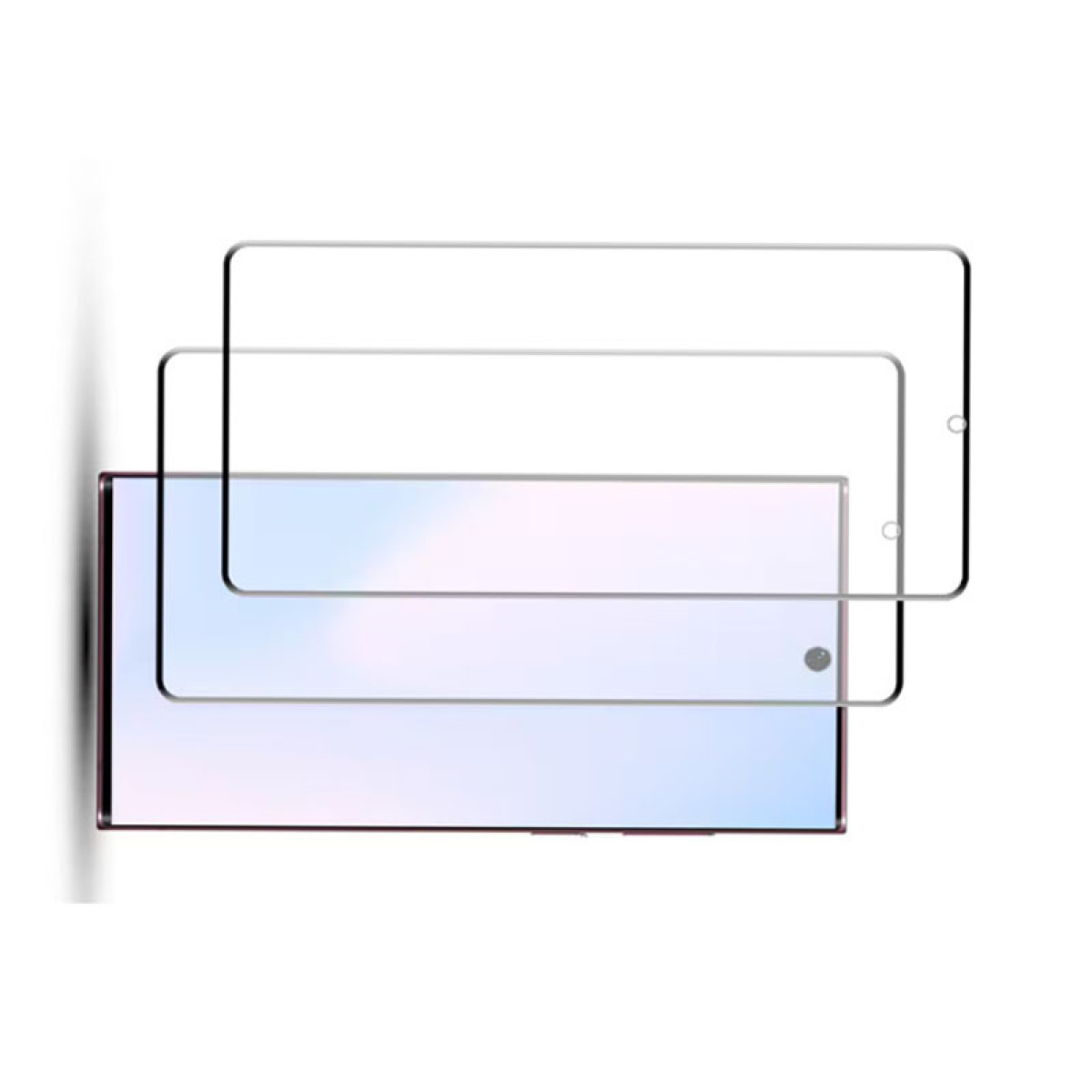 Uno schermo del telefono con una protezione sopra. Il telefono è nero con schermo azzurro. Due protezioni per schermo sopra.
