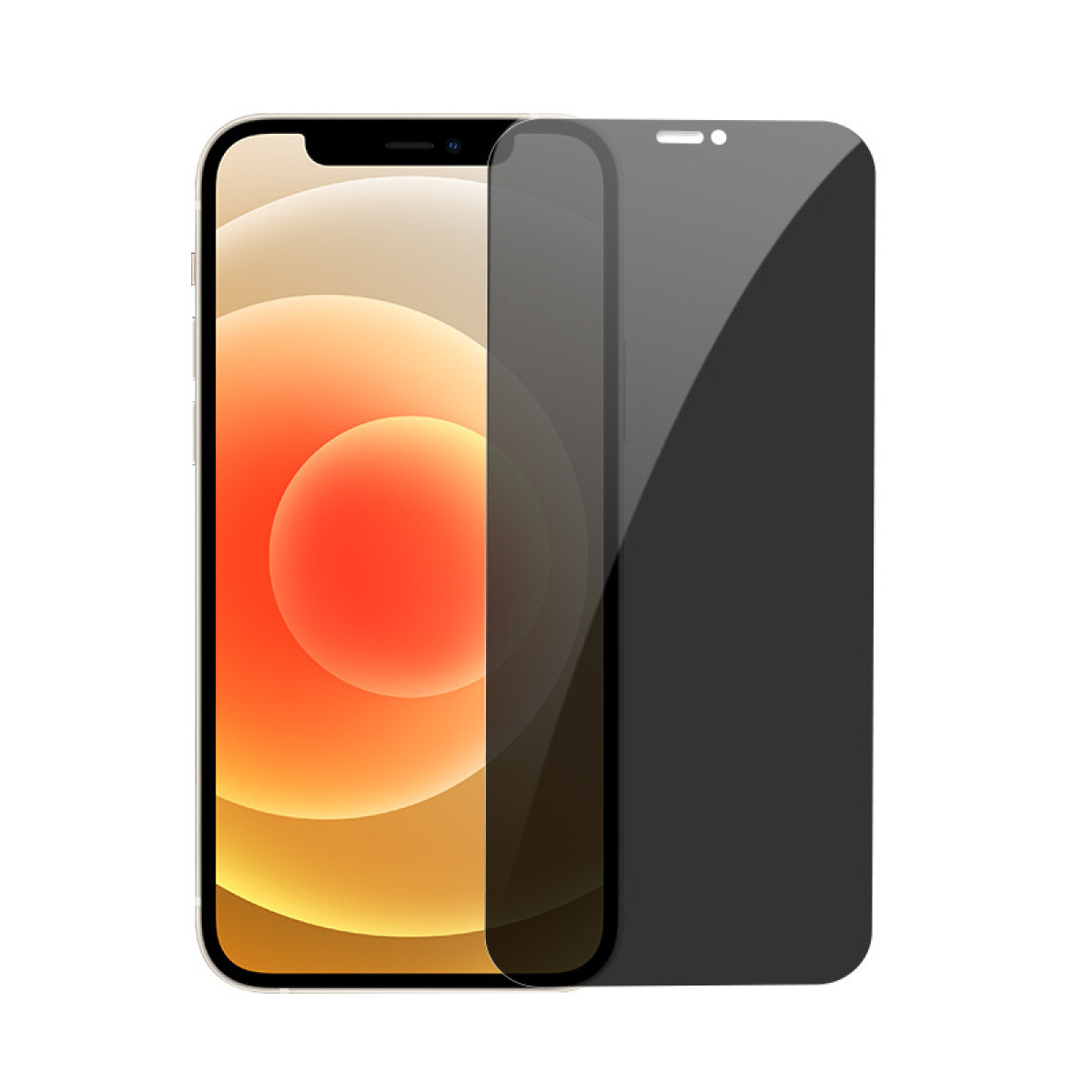 Uno smartphone con una protezione per lo schermo. Il telefono mostra uno sfondo arancione e beige. La protezione è grigio scuro e copre parzialmente lo schermo.