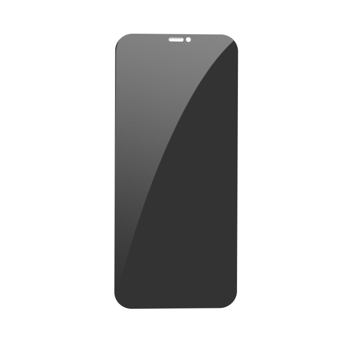 Uno schermo nero di smartphone con forma di rettangolo arrotondato su sfondo bianco. C'è un piccolo foro per la fotocamera in alto.