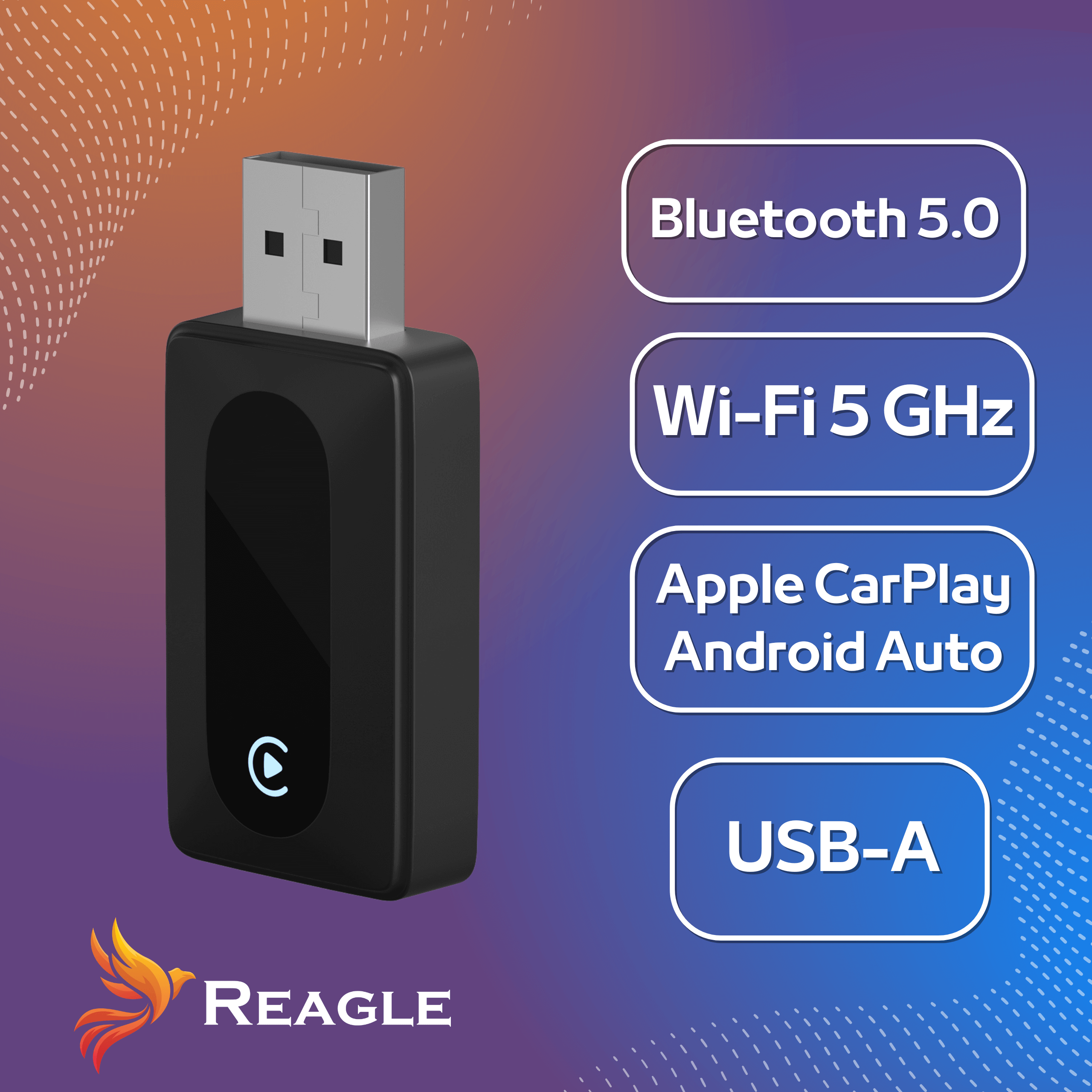 Czarny adapter USB z Bluetooth 5.0, Wi-Fi 5 GHz, Apple CarPlay, Android Auto i funkcjami USB-A. Marka to REAGLE.