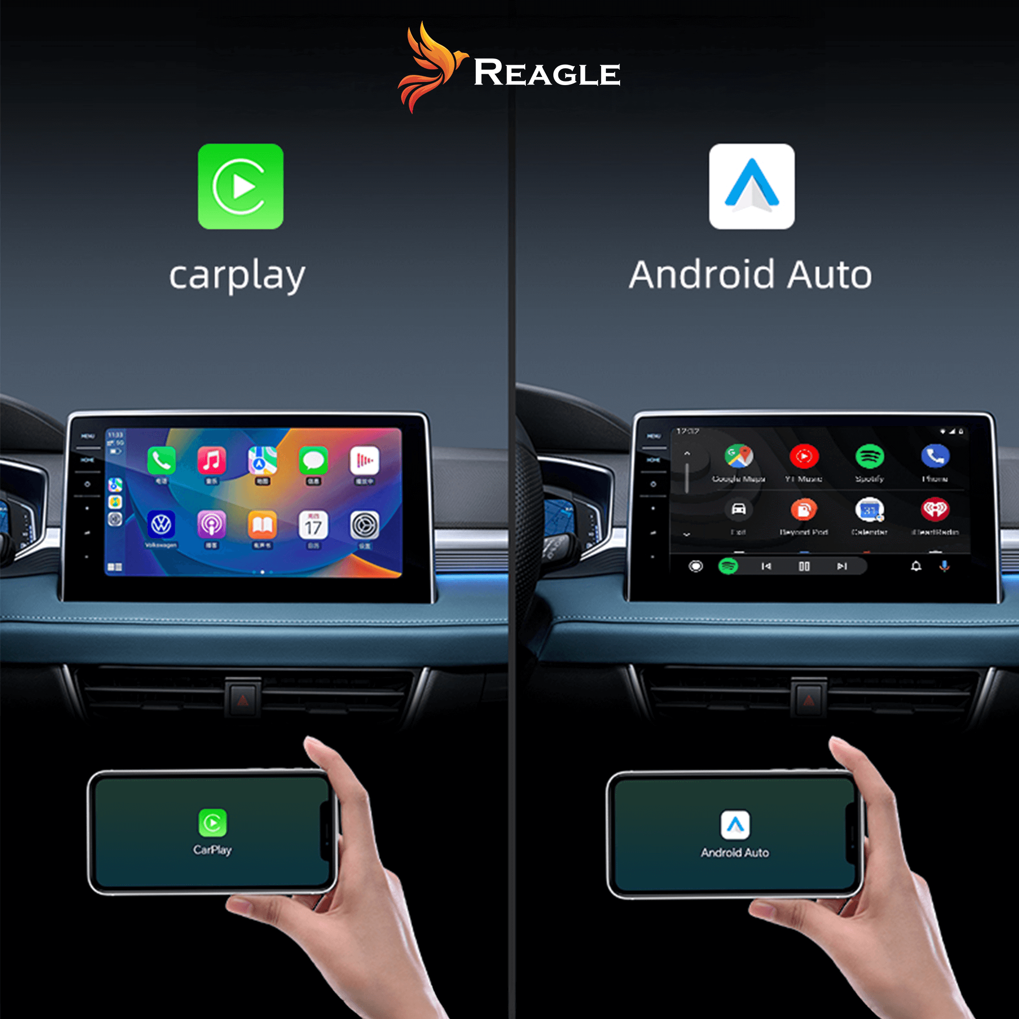 Obraz przedstawia wyświetlacze samochodowe CarPlay i Android Auto, a także telefon z tymi samymi logo. Logo Reagle znajduje się na górze.