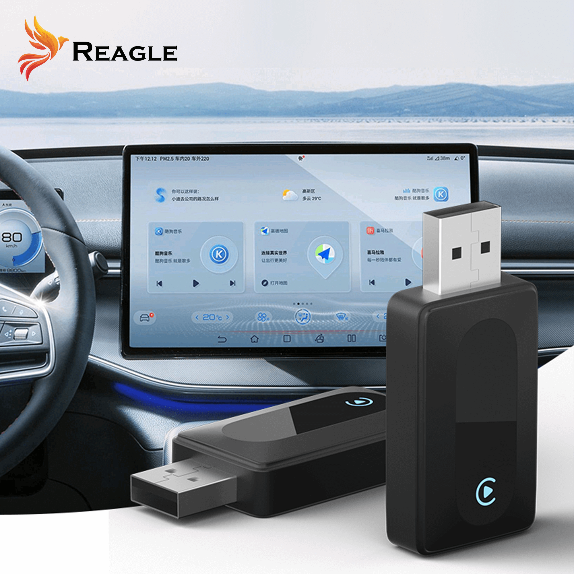 Wnętrze samochodu z ekranem wyświetlającym informacje. Urządzenie USB na pierwszym planie.