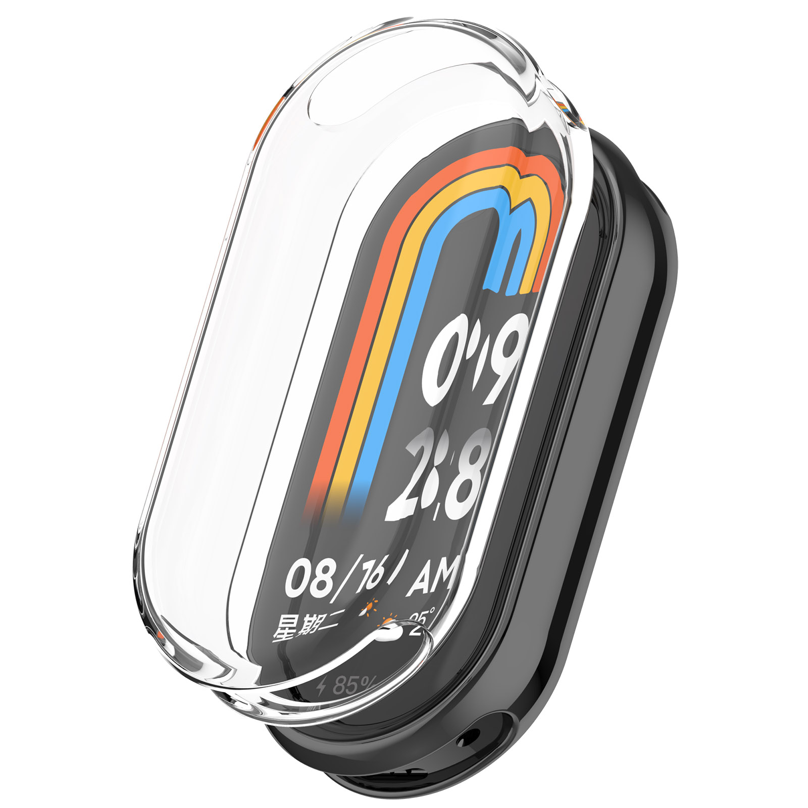 Czarny smartwatch z przezroczystą osłoną. Ekran pokazuje datę i godzinę. Osłona jest lekko otwarta.