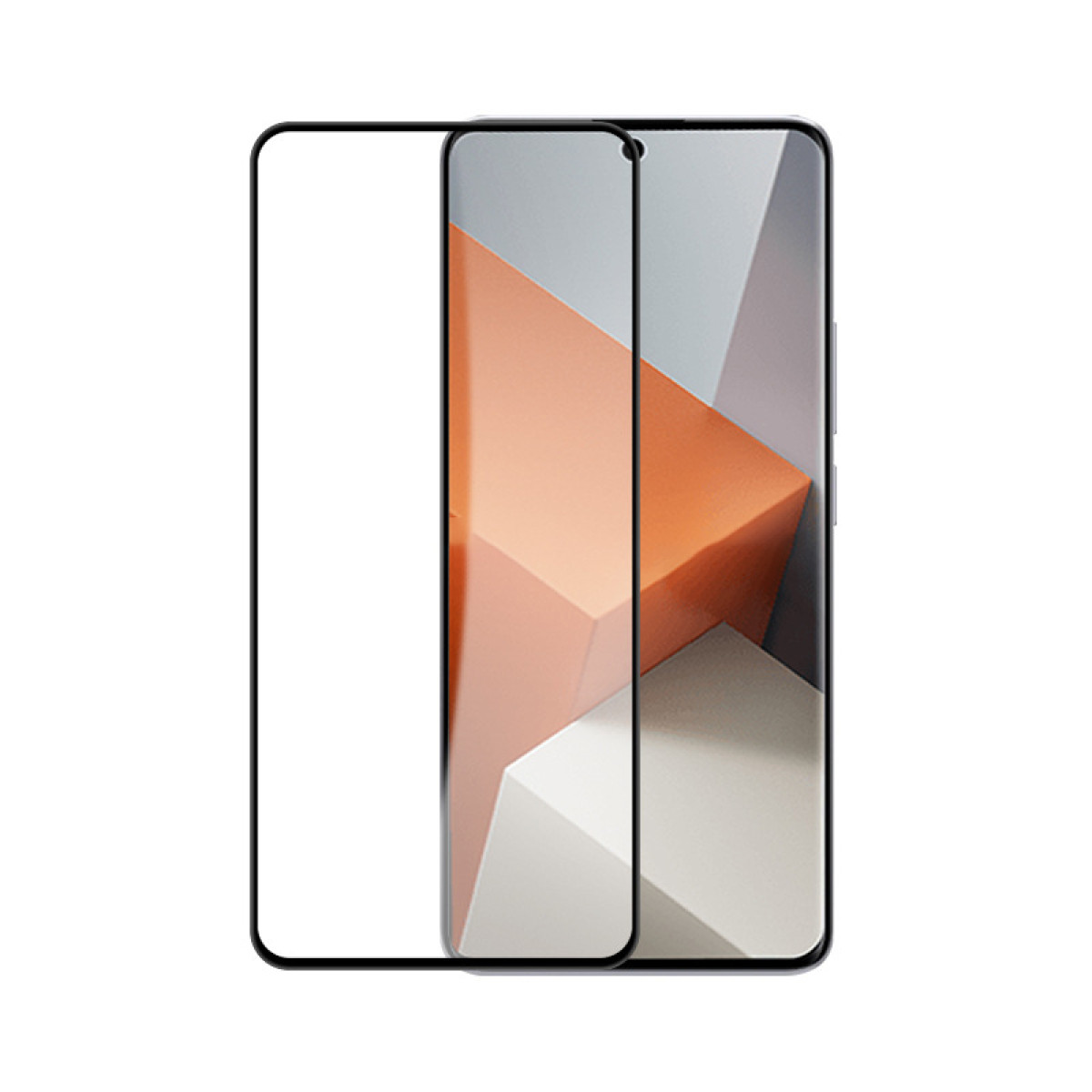 Smartfon z nałożonym ochraniaczem ekranu. Wyświetlacz telefonu pokazuje geometryczny wzór w kolorach pomarańczowym, szarym i białym.