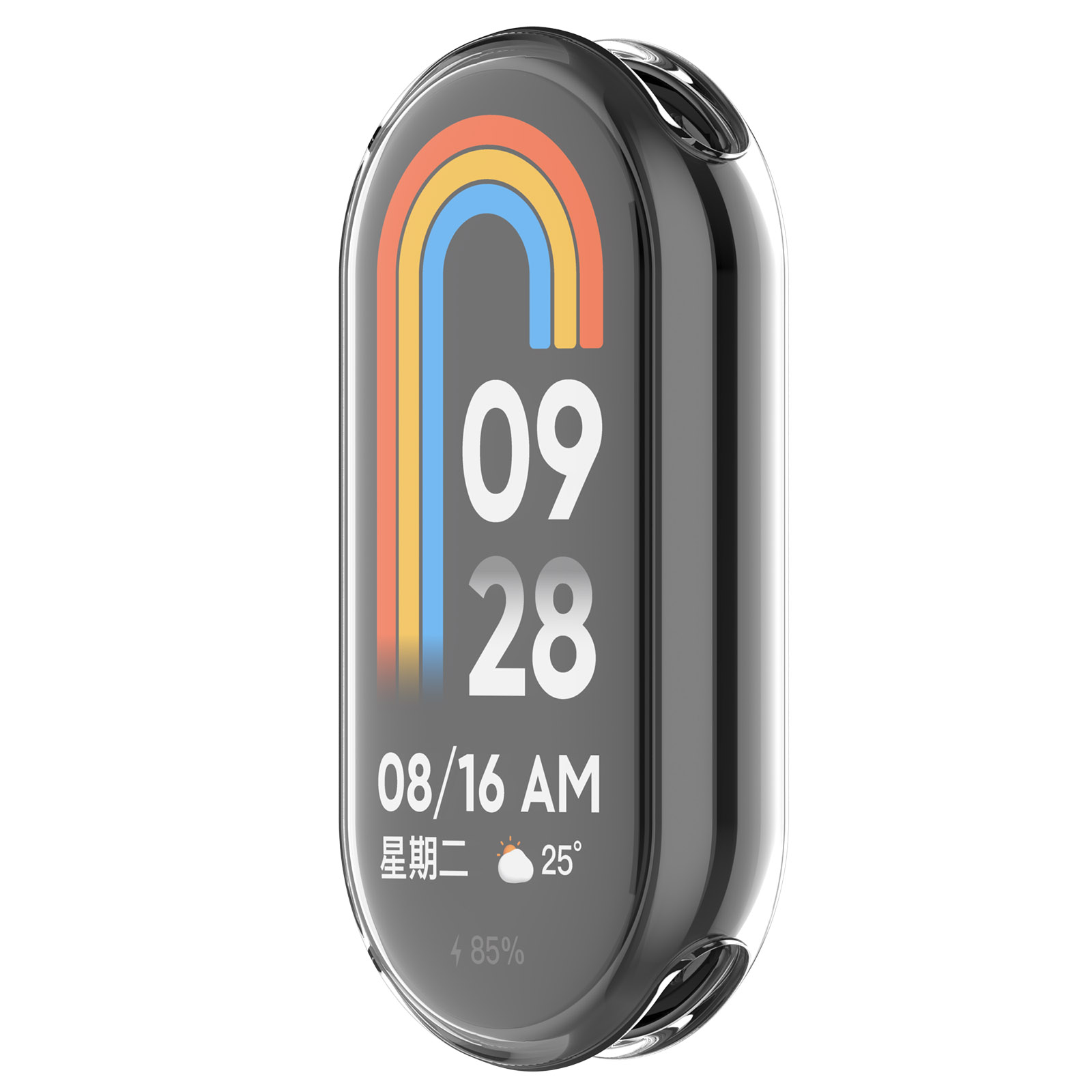 Czarny smartwatch wyświetla datę 08/16 AM, godzinę 09:28, pogodę 25 stopni i baterię 85%.