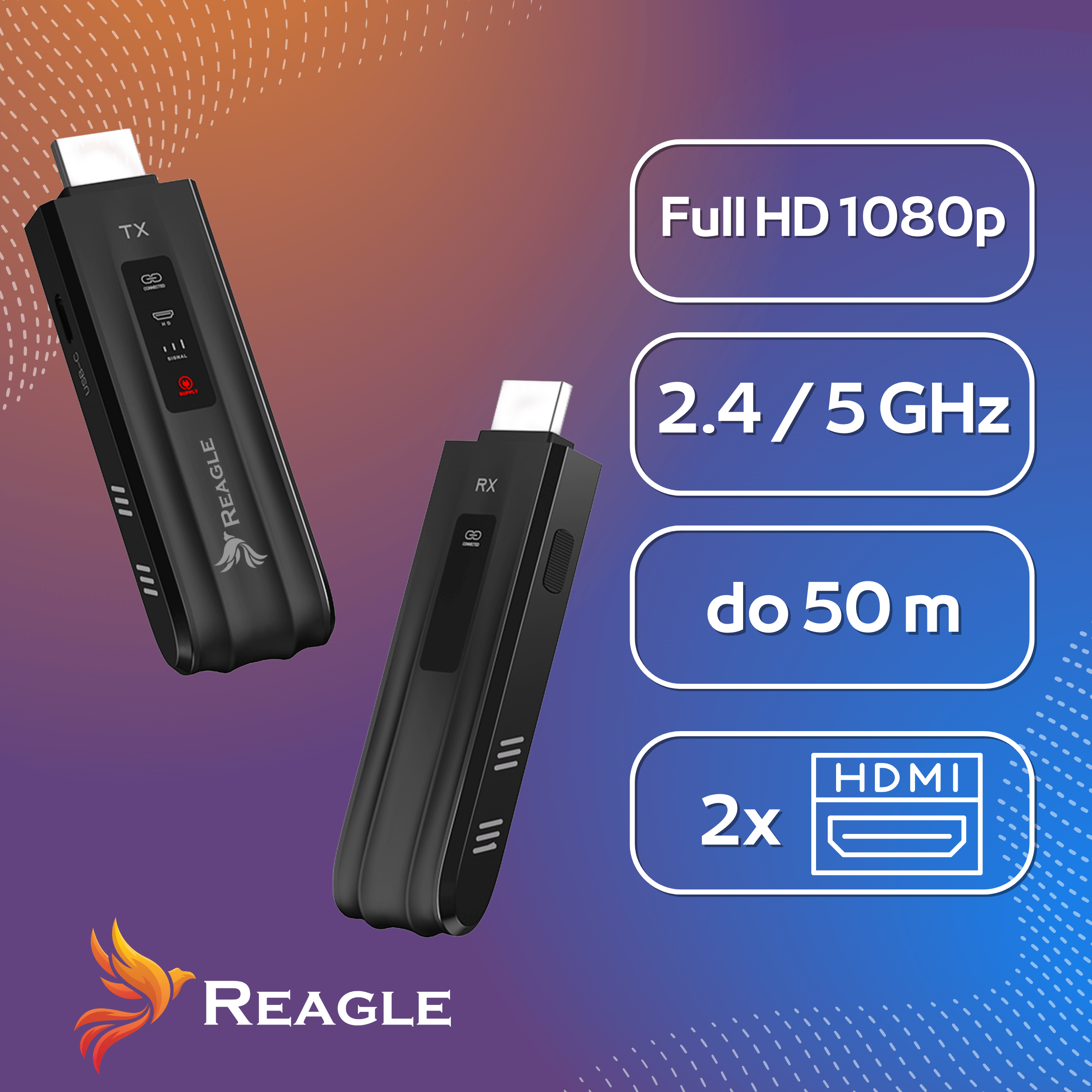 Dwa czarne nadajniki HDMI Reagle. Cechy: Full HD 1080p, 2.4/5 GHz, zasięg do 50 m i 2 porty HDMI.