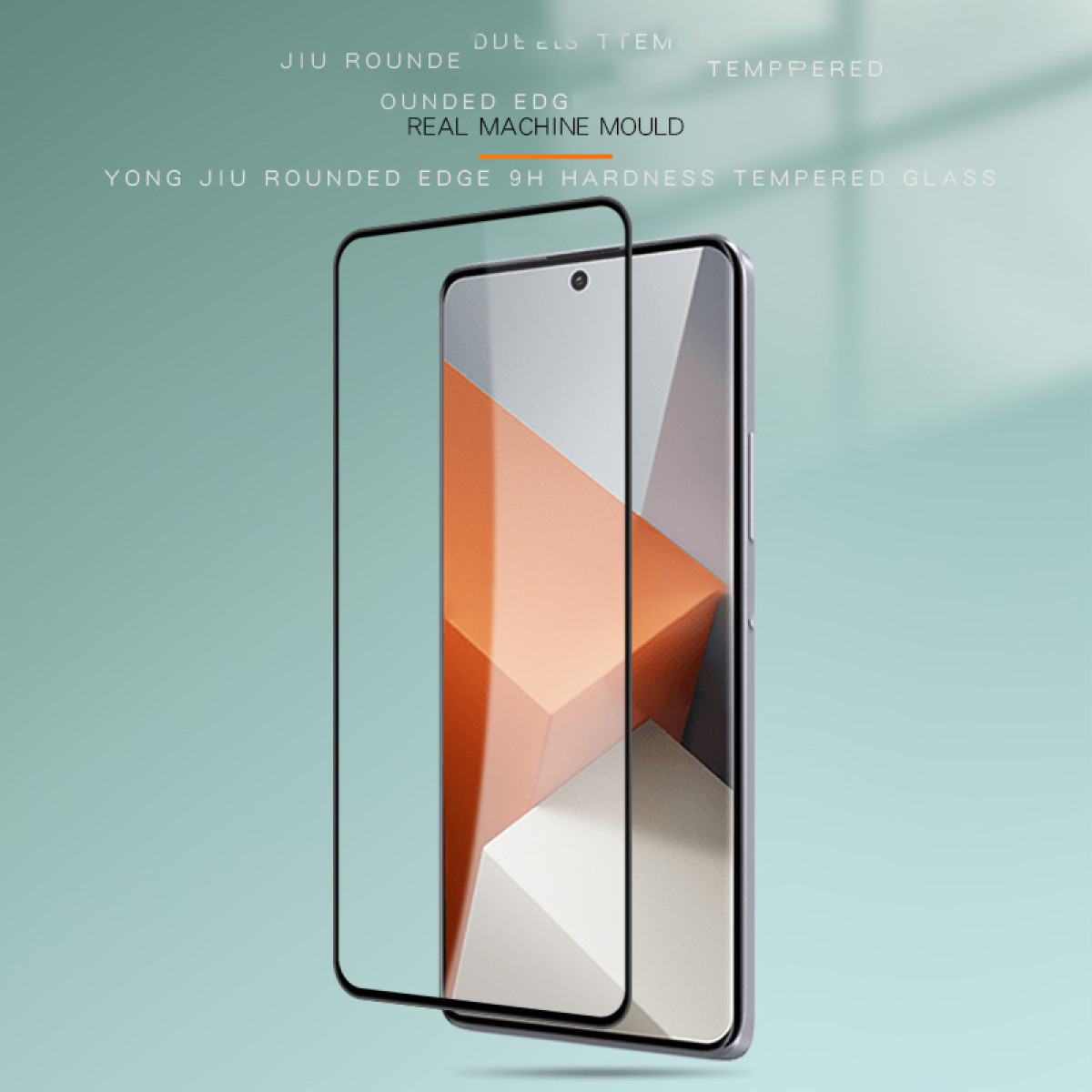 Smartfon z nakładką ochronną na ekran. Telefon jest srebrny z ochroną ekranu. Tło jest jasnozielone.