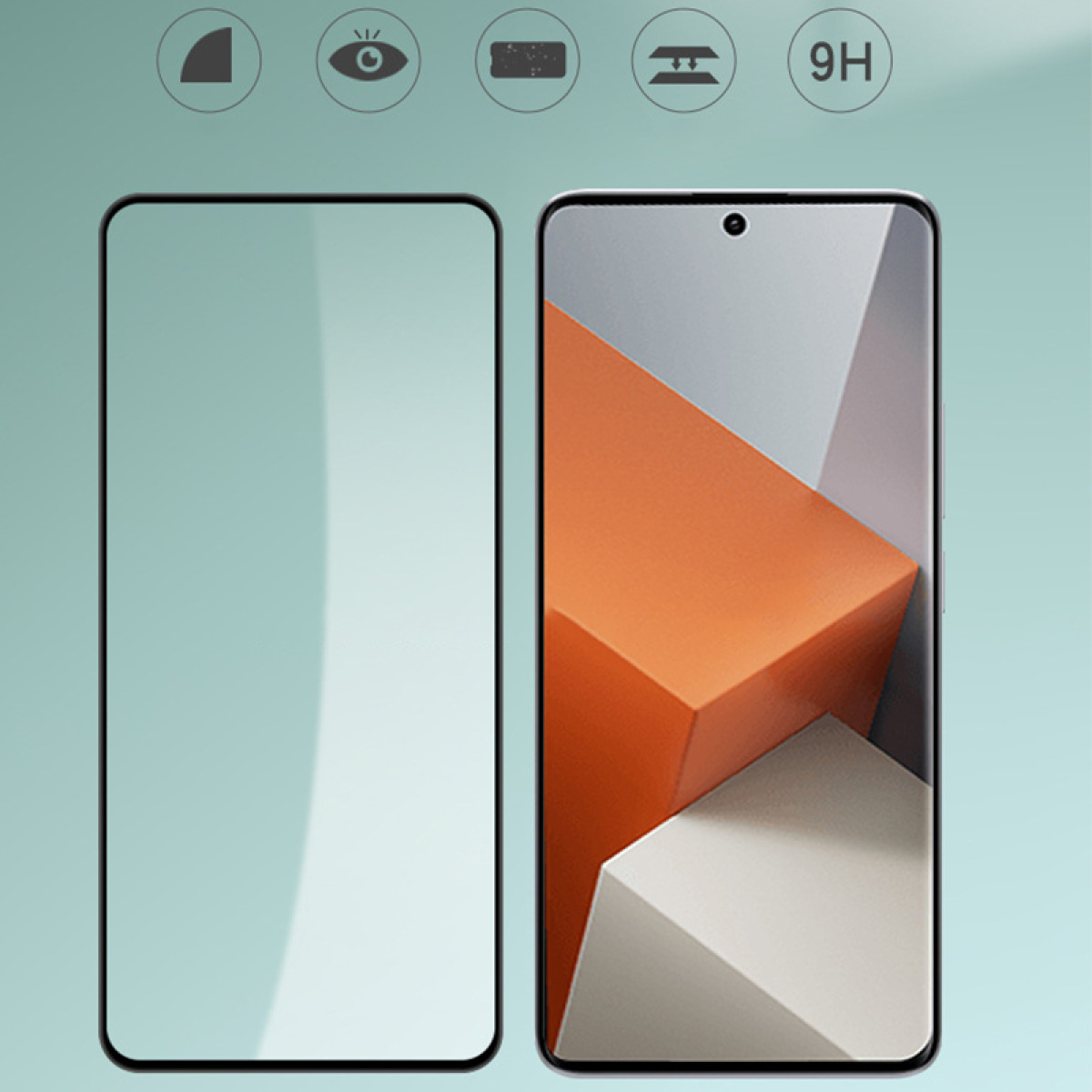 Wyświetlacz telefonu i ochrona ekranu. Telefon wyświetla geometryczny wzór w kolorze pomarańczowym i białym. Ikony znajdują się na górze.