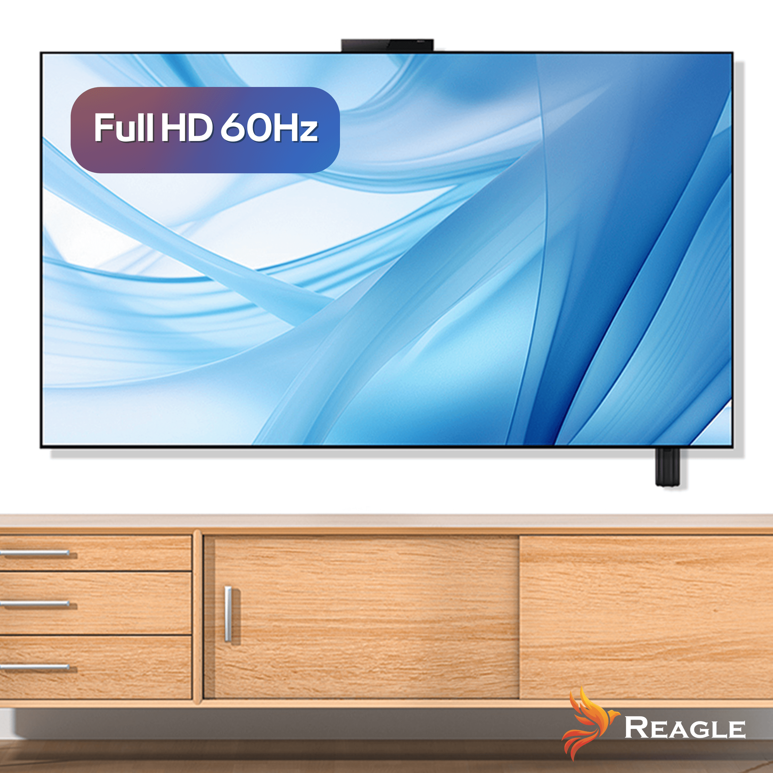 Telewizor wyświetla "Full HD 60Hz". Jest na drewnianej szafce. Tło ma niebieskie i białe wzory.