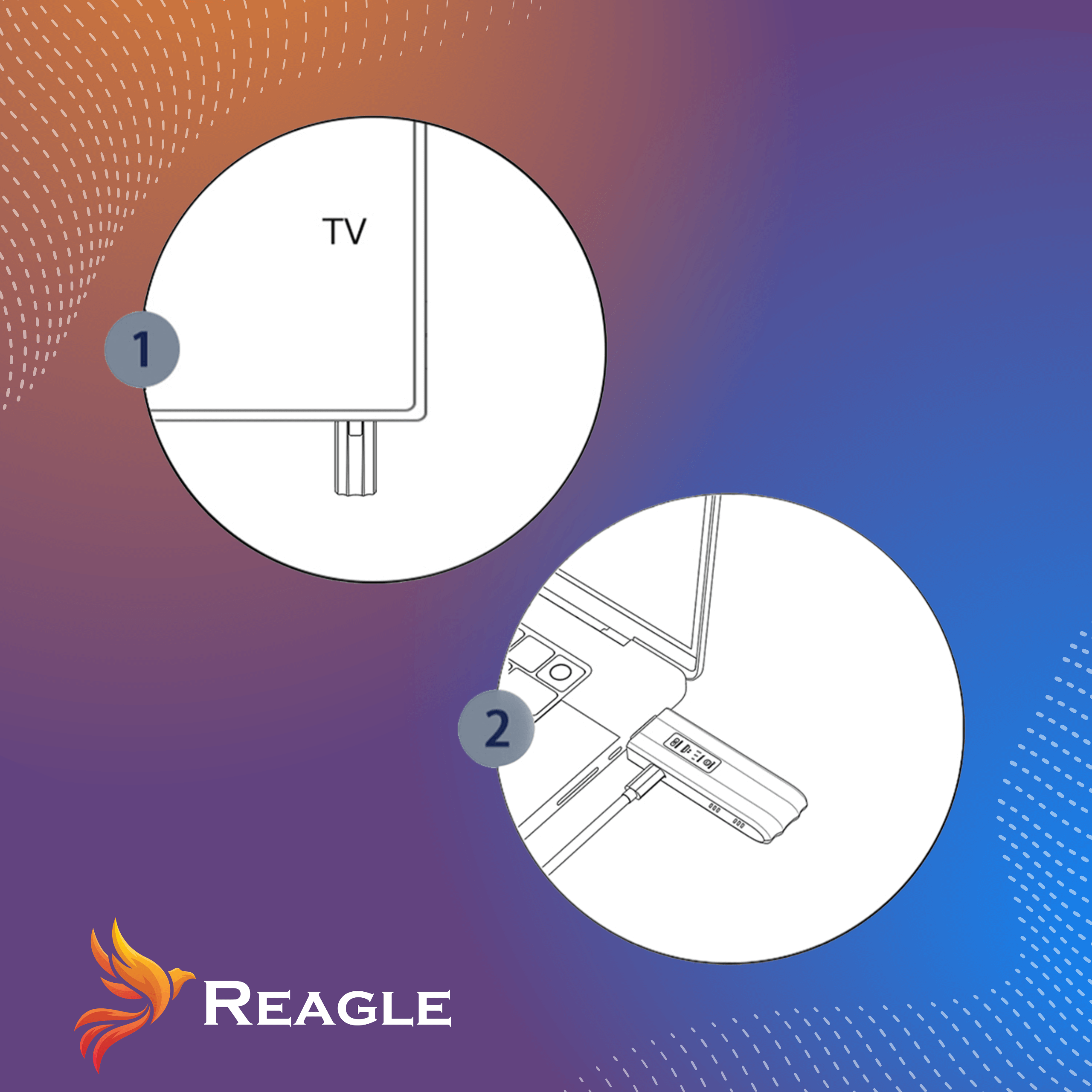 Schemat przedstawia telewizor i laptop z podłączonym urządzeniem. Logo Reagle znajduje się na dole.