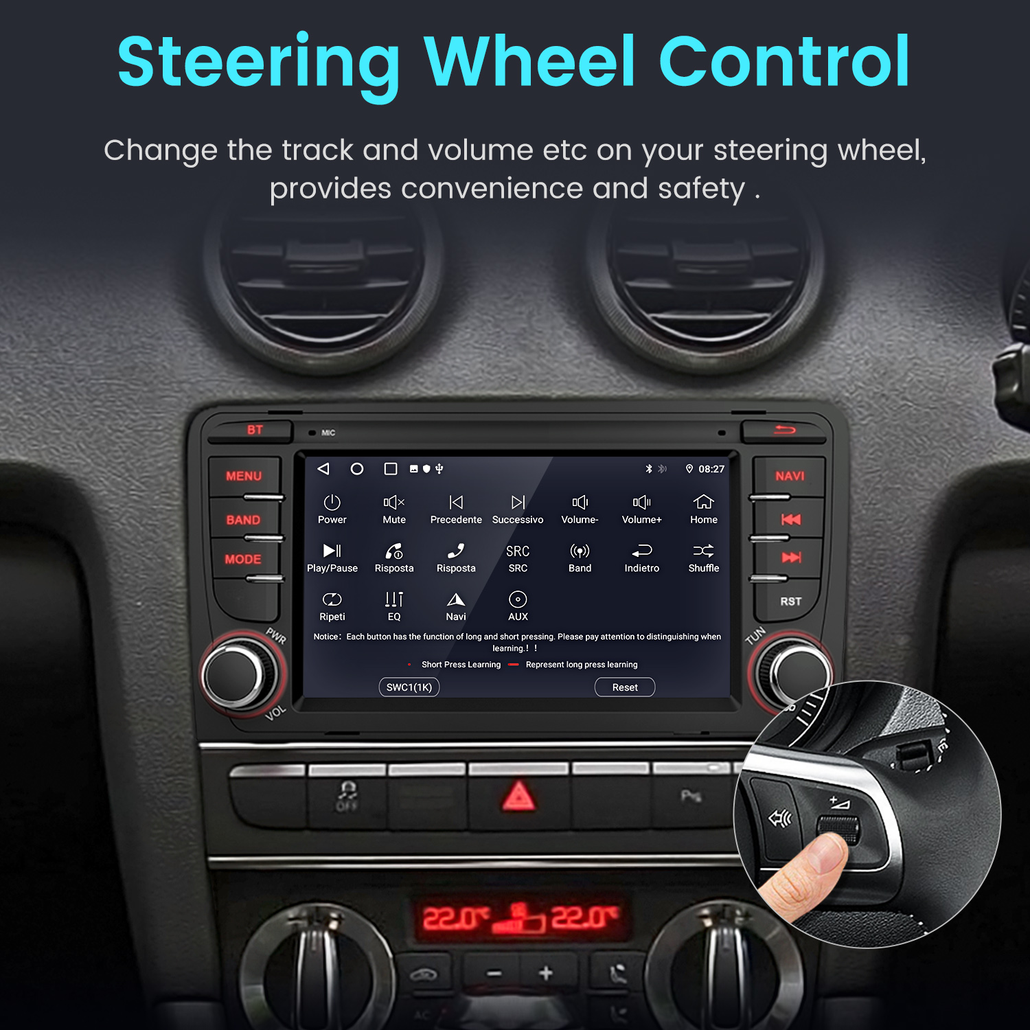 Radio samochodowe z elementami sterowania kierownicą, z ręką naciskającą przycisk. Ekran wyświetla przyciski głośności, ścieżki i innych funkcji.