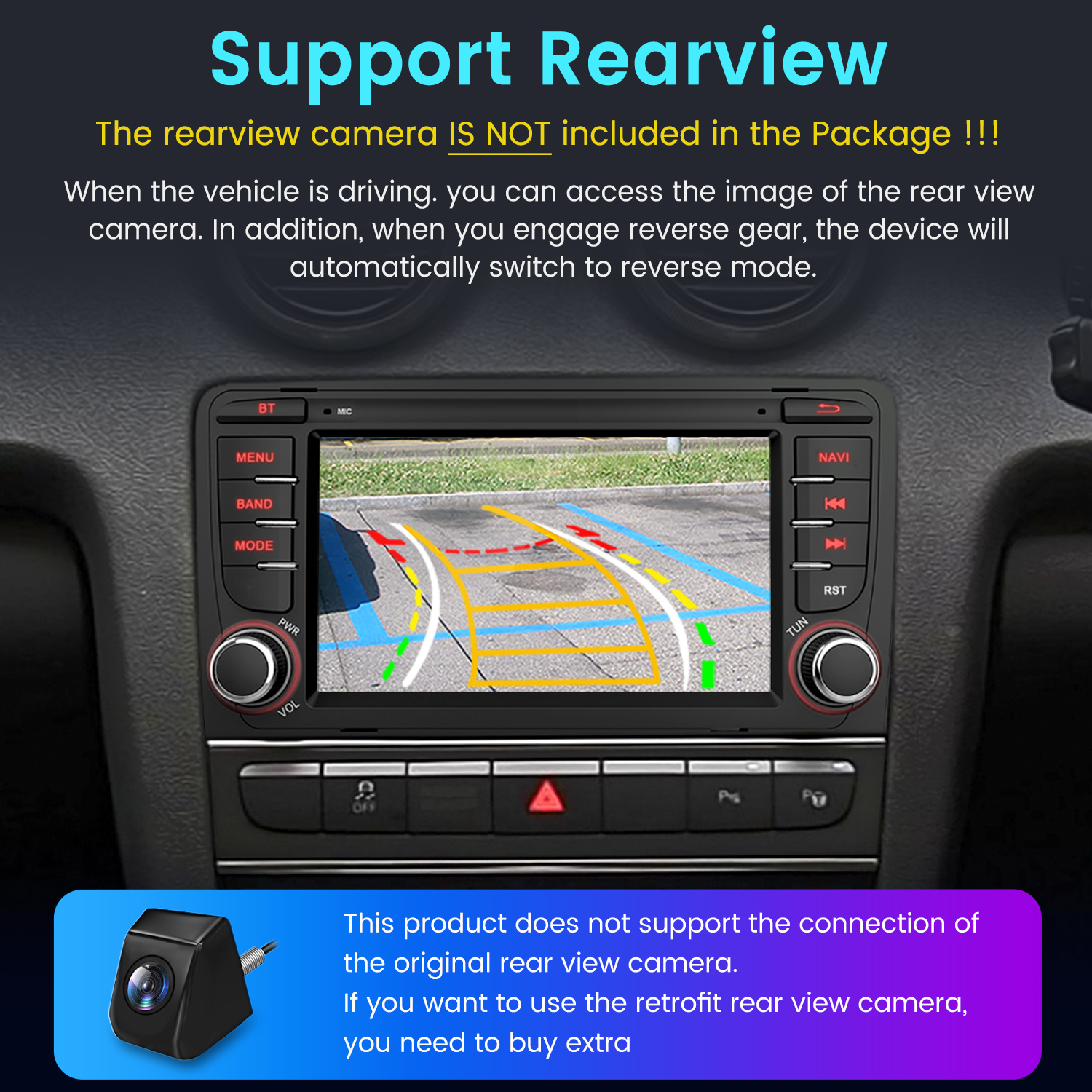 Ekran radia samochodowego wyświetlający widok kamery cofania. Widoczne przyciski i pokrętła. Mała kamera pokazana na dole.