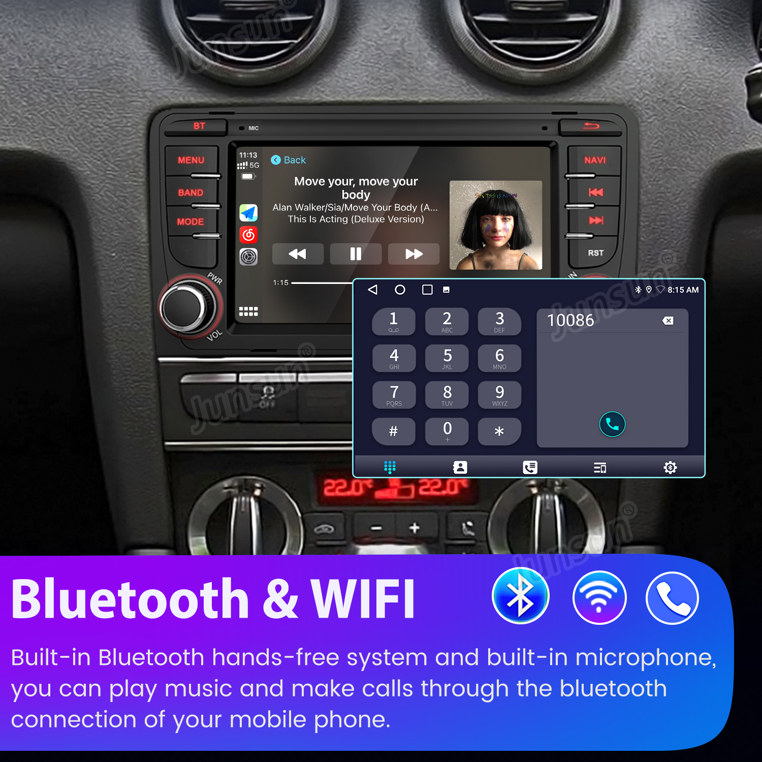 Ekran samochodowego systemu multimedialnego wyświetlający muzykę i klawiaturę telefonu, z ikonami Bluetooth i Wi-Fi na dole.