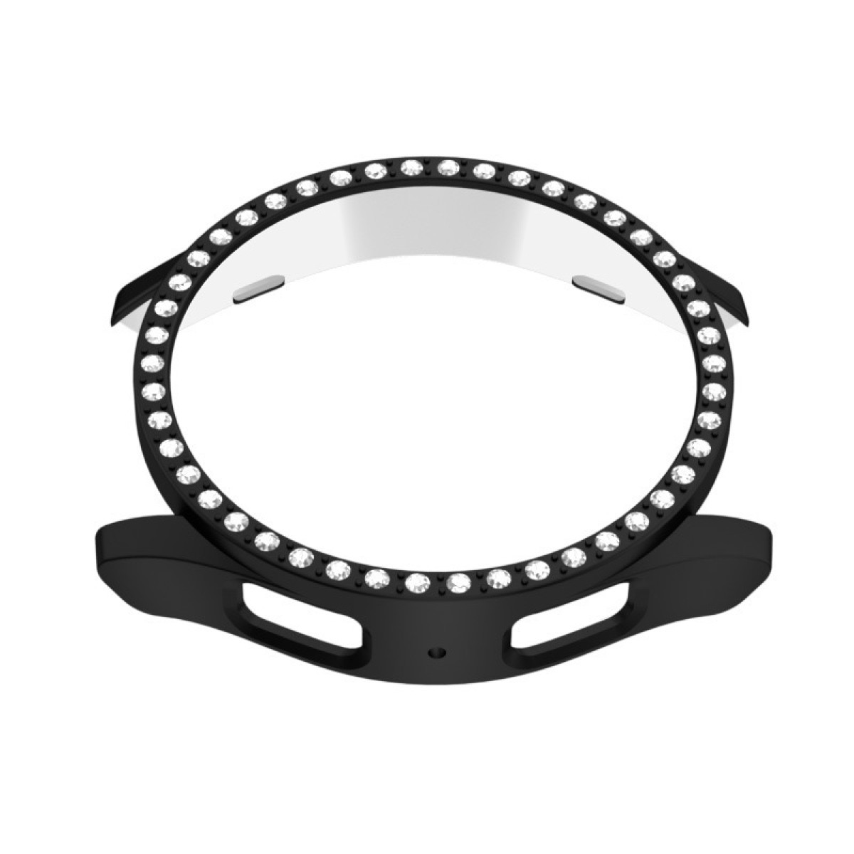 Una lunetta di orologio nera con un anello di cristalli trasparenti attorno all'apertura. All'interno della lunetta c'è una superficie riflettente.