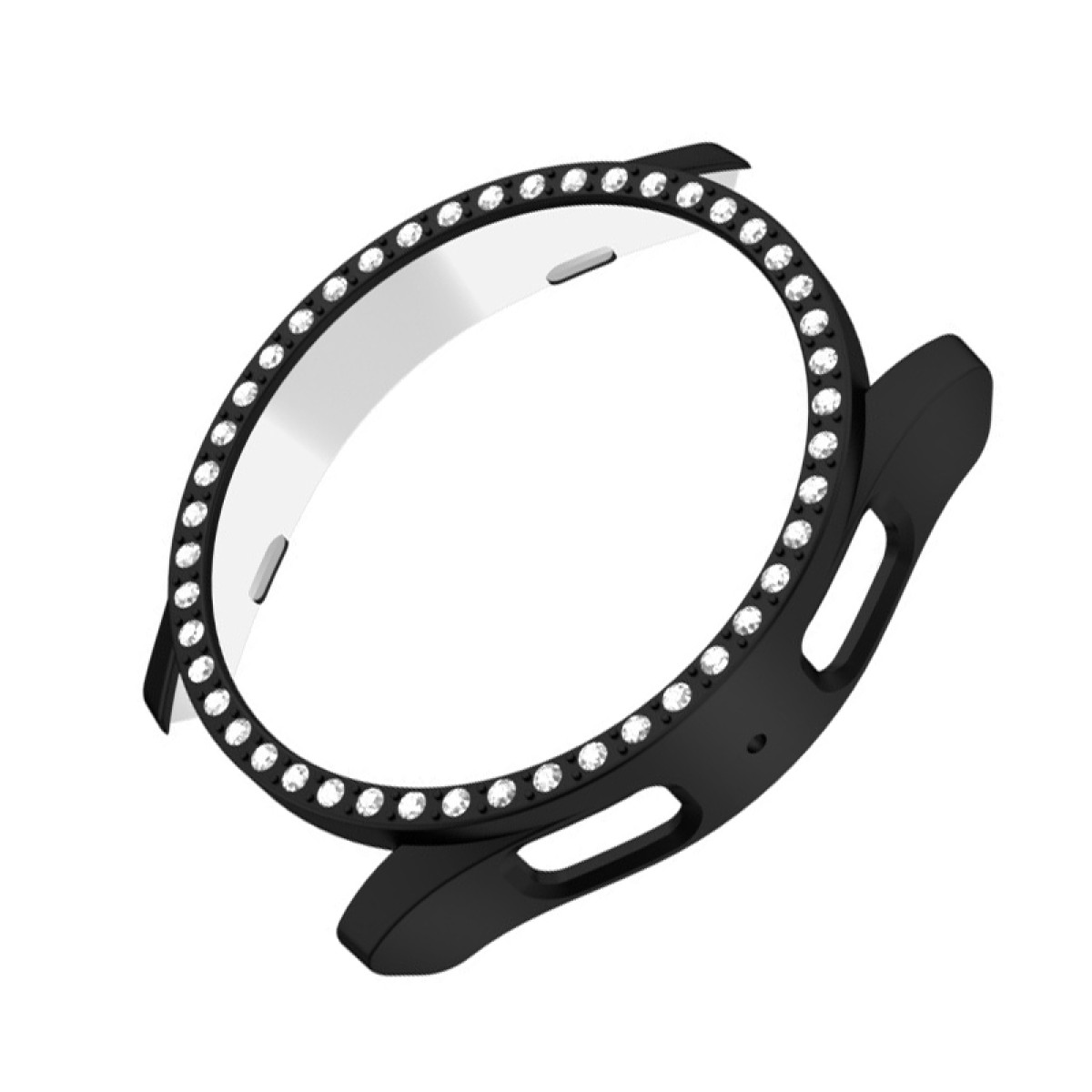 Una lunetta nera per orologio con un cerchio di pietre trasparenti. Ha un interno argento metallizzato ed è su sfondo bianco.