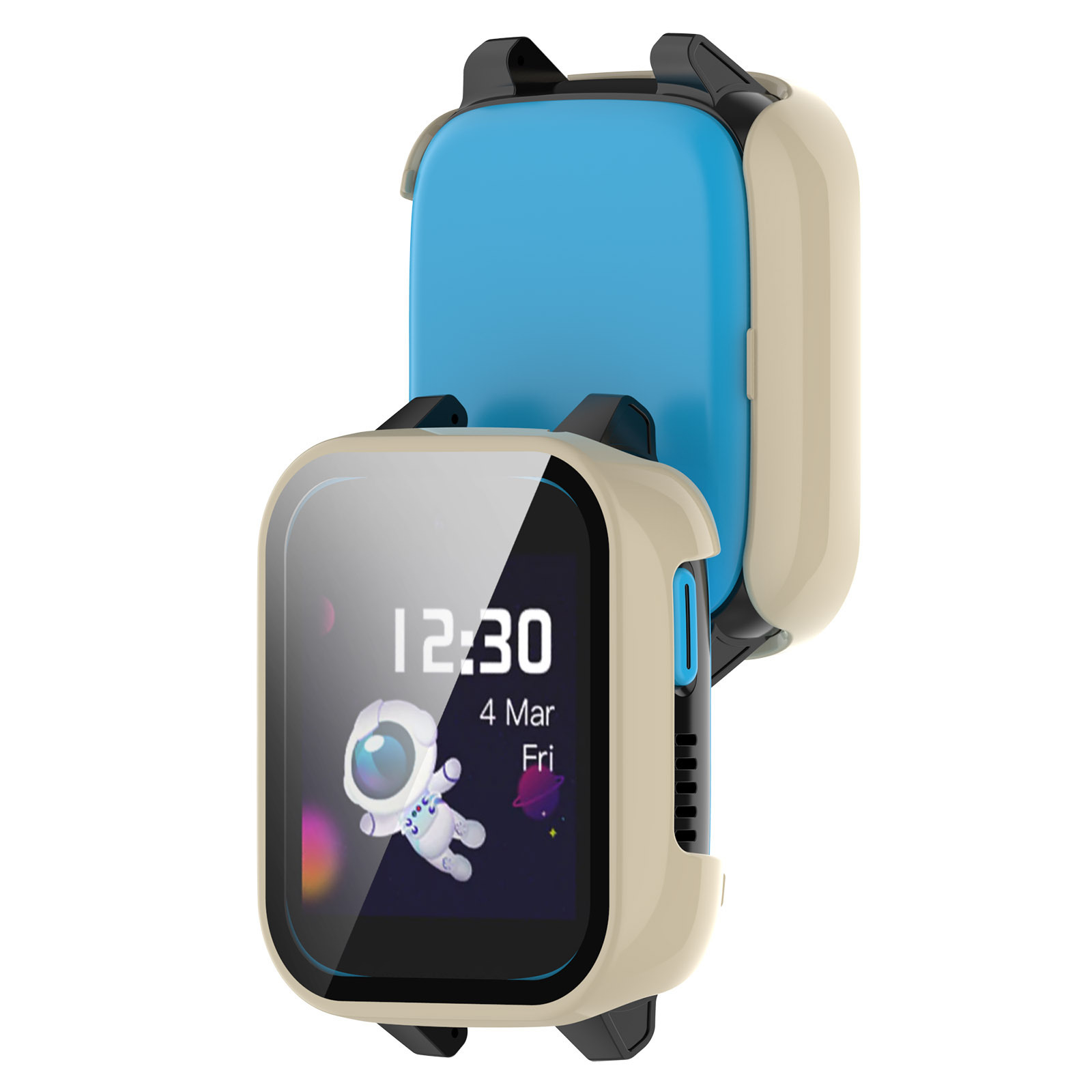 Eine Smartwatch mit cremefarbenem Gehäuse, blauem Rücken und schwarzen Akzenten. Der Bildschirm zeigt Zeit, Datum und einen Astronauten.