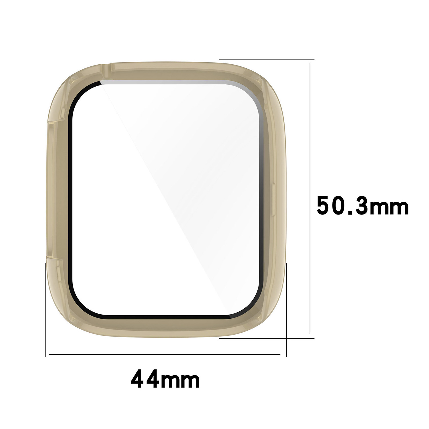 Ein goldfarbener Displayschutz für eine Uhr mit quadratischem, klarem Bildschirm. Maße sind 44mm und 50,3mm, vor weißem Hintergrund.