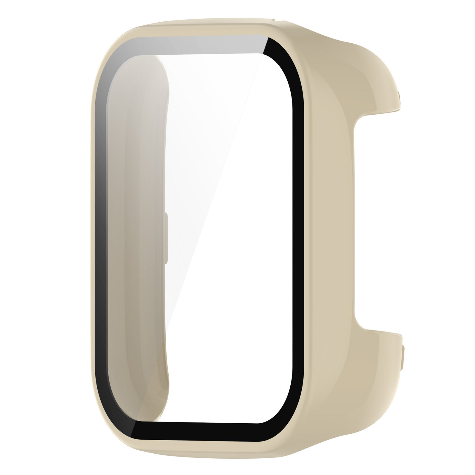 Ein beiger Displayschutz für eine Smartwatch. Er hat einen klaren Bildschirm und einen beigen Rahmen mit schwarzen Rändern. Weißer Hintergrund.