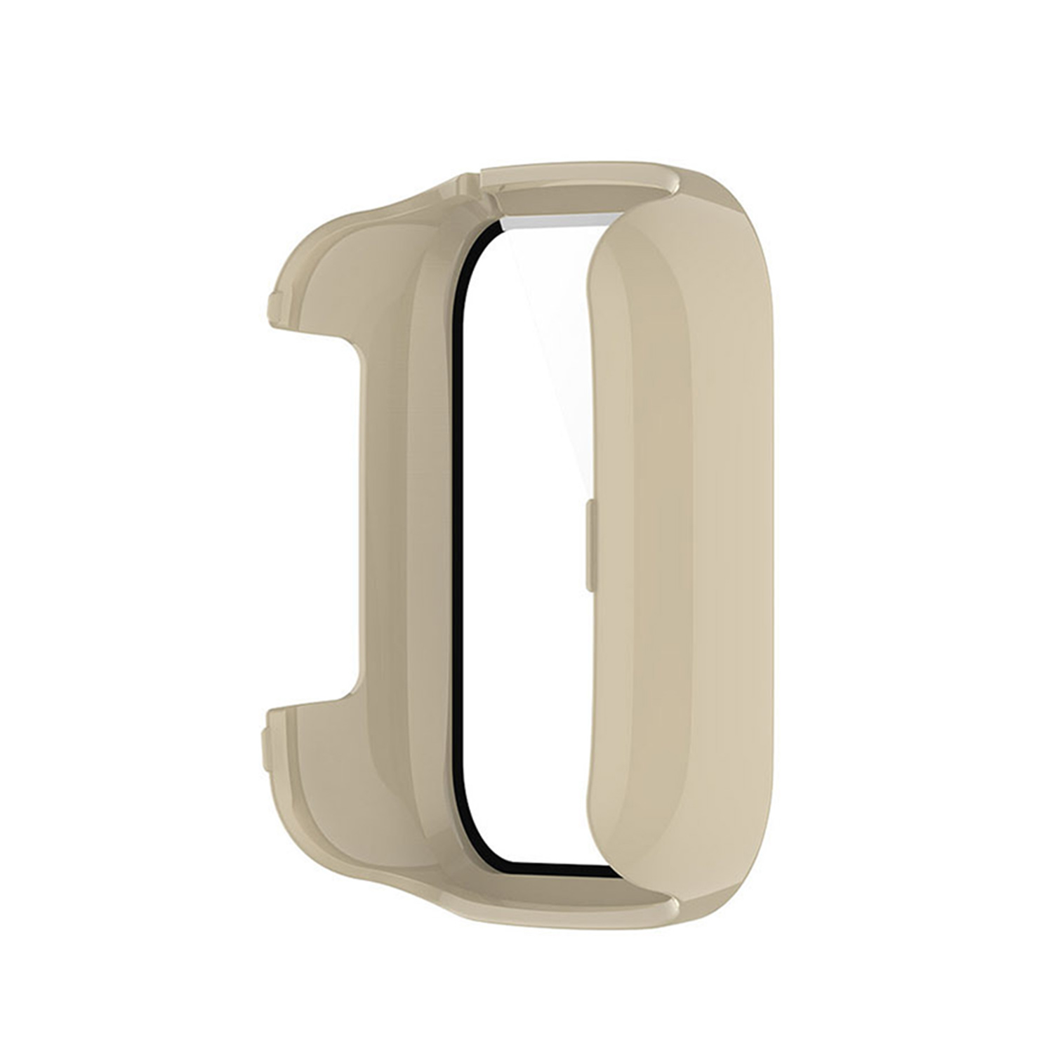 Eine beige Smartwatch-Hülle mit transparentem Displayschutz. Die Hülle hat ein gebogenes Design und einen Ausschnitt für das Zifferblatt.