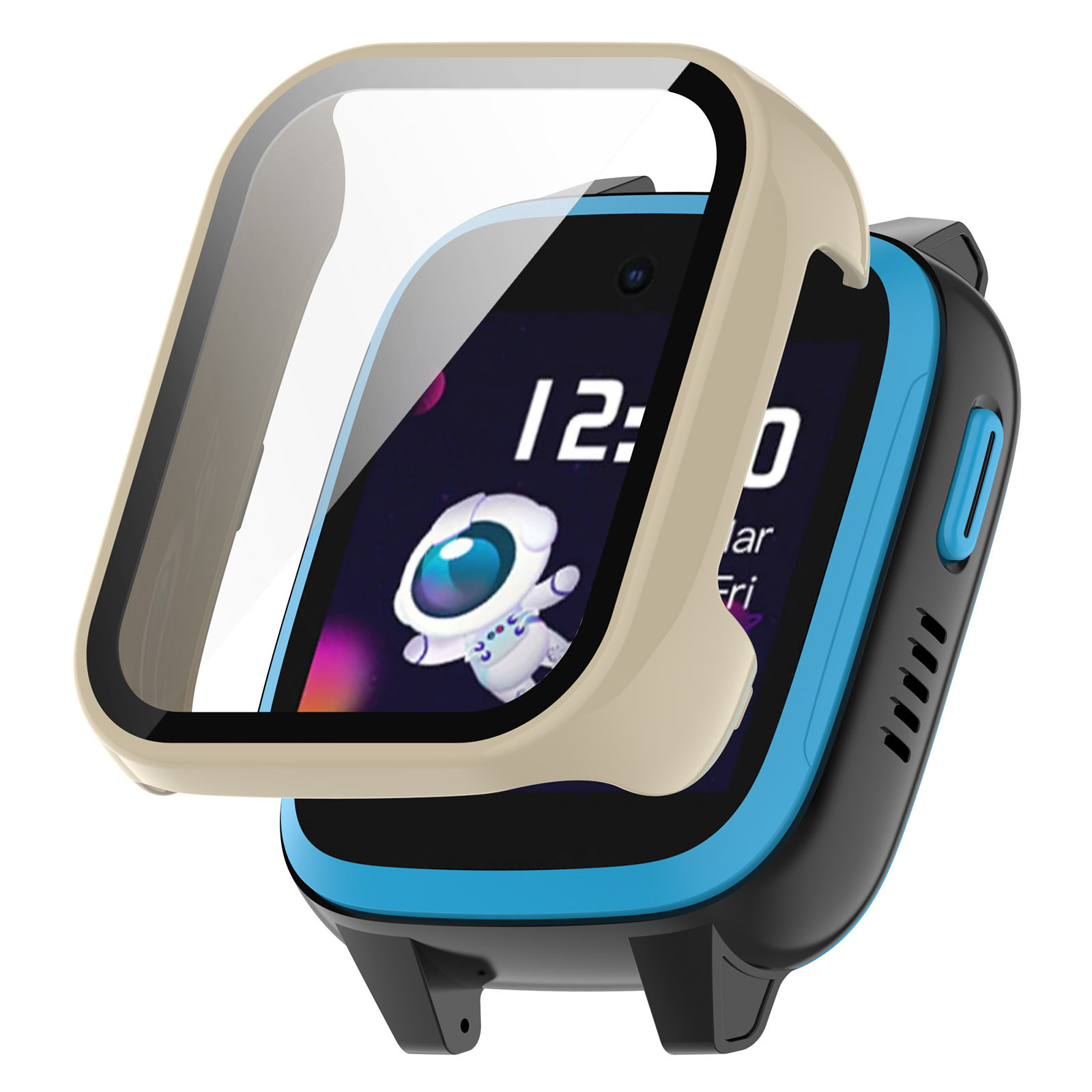 Eine Smartwatch mit Schutzhülle. Der Bildschirm zeigt einen Cartoon-Astronauten. Die Uhr ist blau, schwarz und beige.