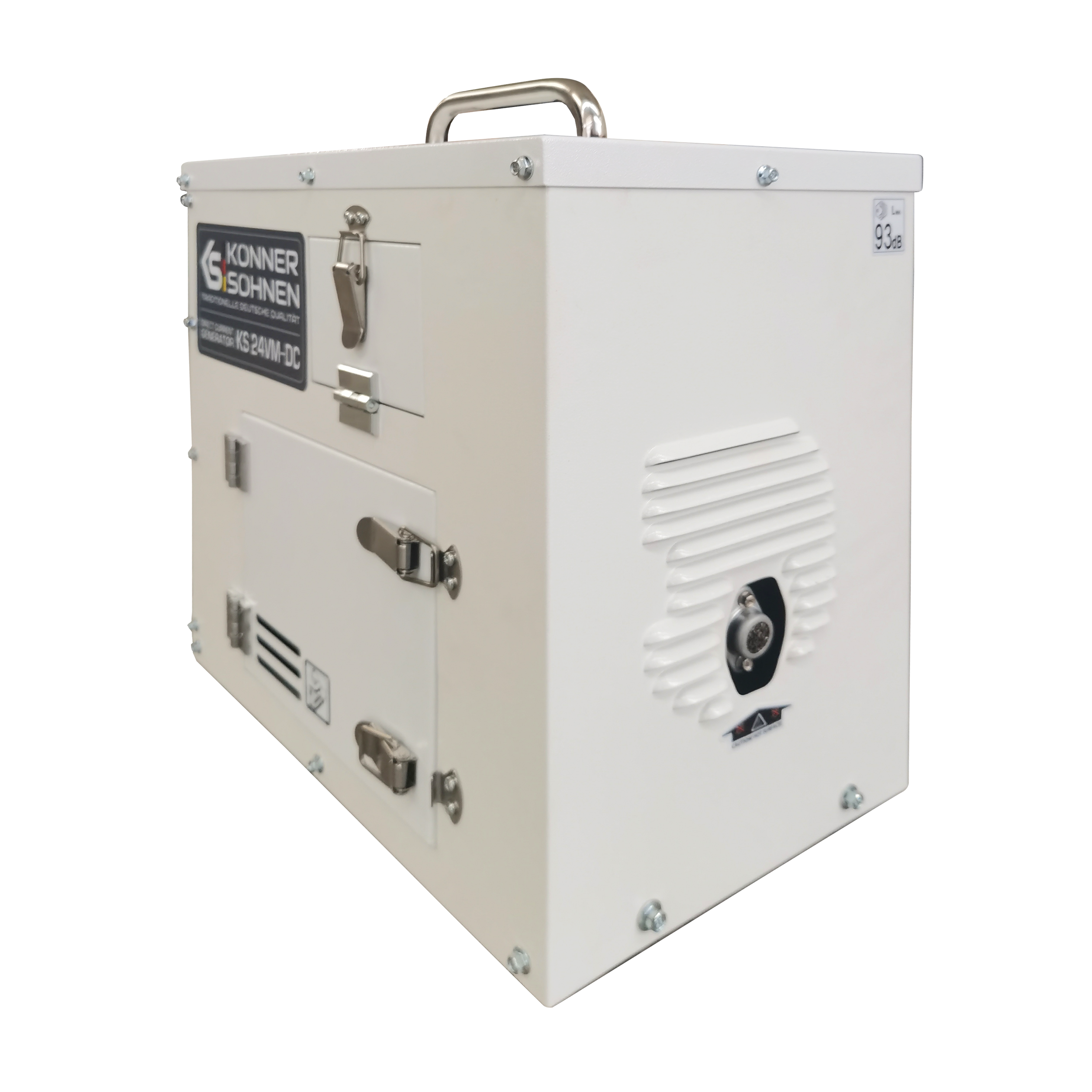 Biały generator ze srebrną rączką i zatrzaskami. Posiada boczną wentylację i logo. Śruby mocują panele.