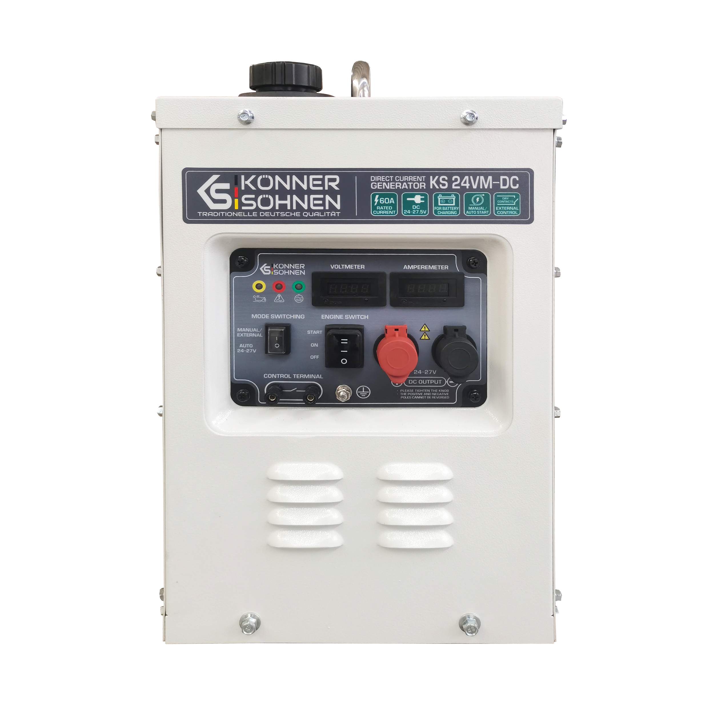 Biały generator z czarnymi elementami sterującymi, czerwonym przełącznikiem i wyświetlaczami cyfrowymi. Zawiera logo marki i specyfikacje techniczne.