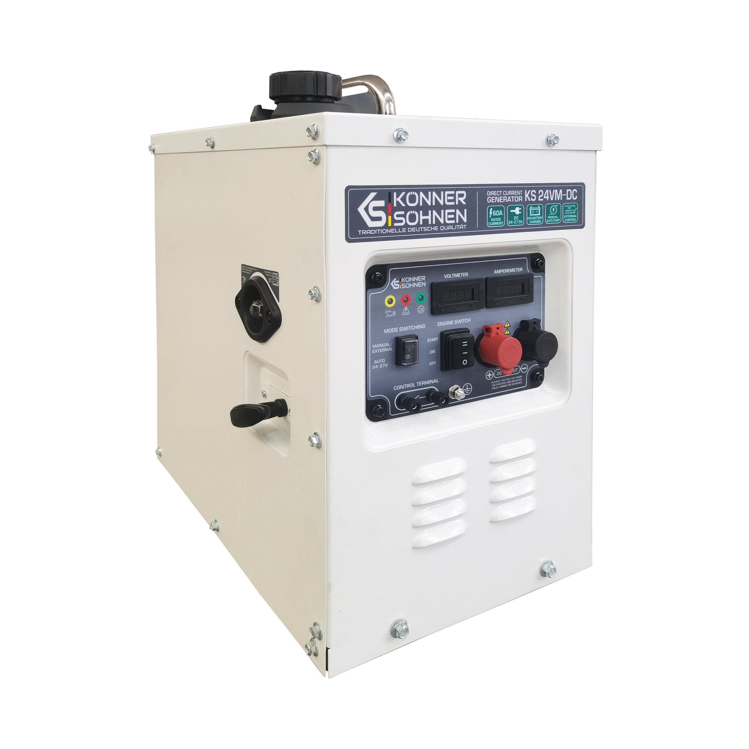 Biały generator z czarnymi elementami sterującymi, czerwonym gniazdem i marką 'Konner Sohnen'.
